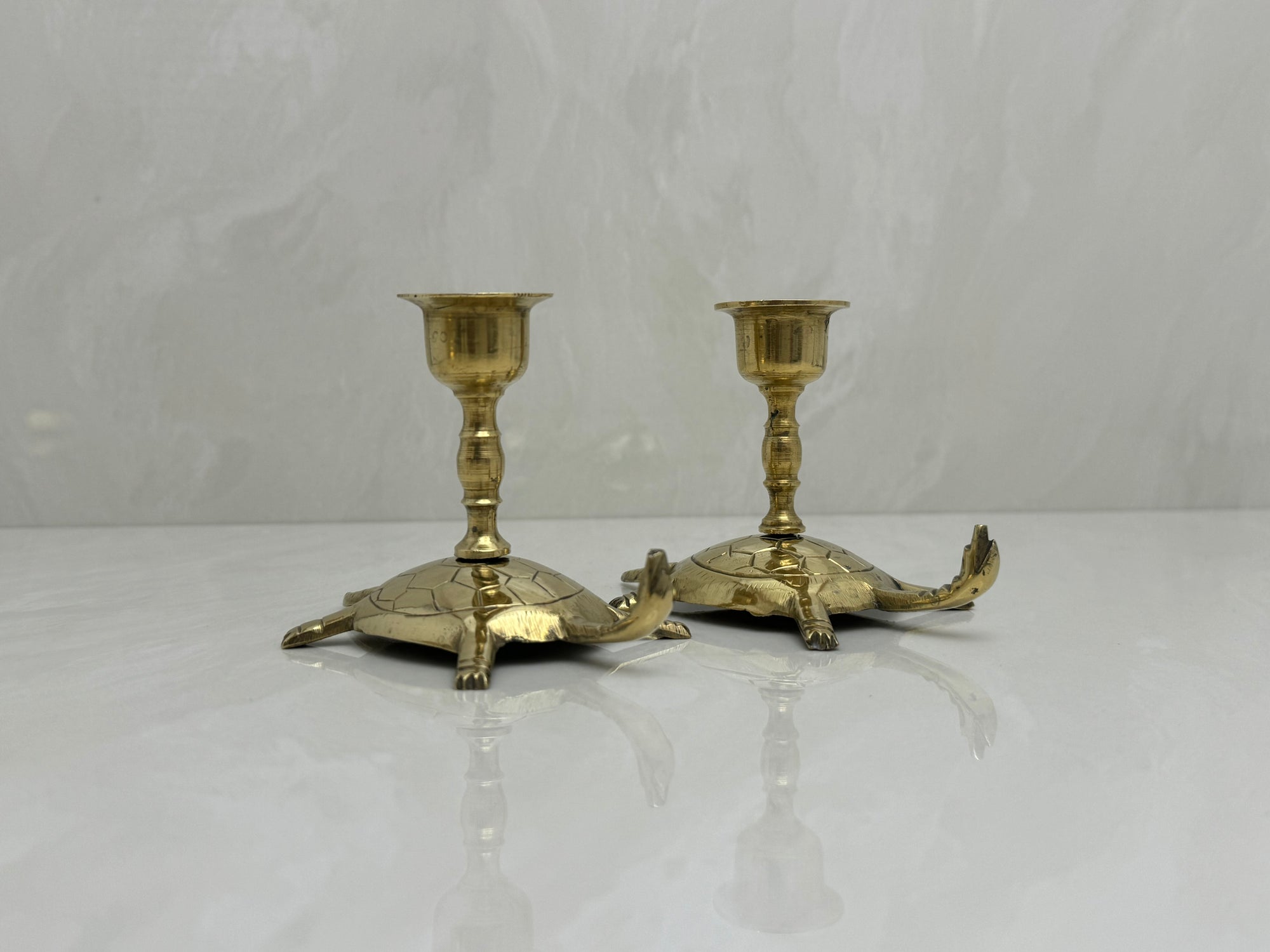 Vintage Brass Turtle Candlestick Holders- A Pair of