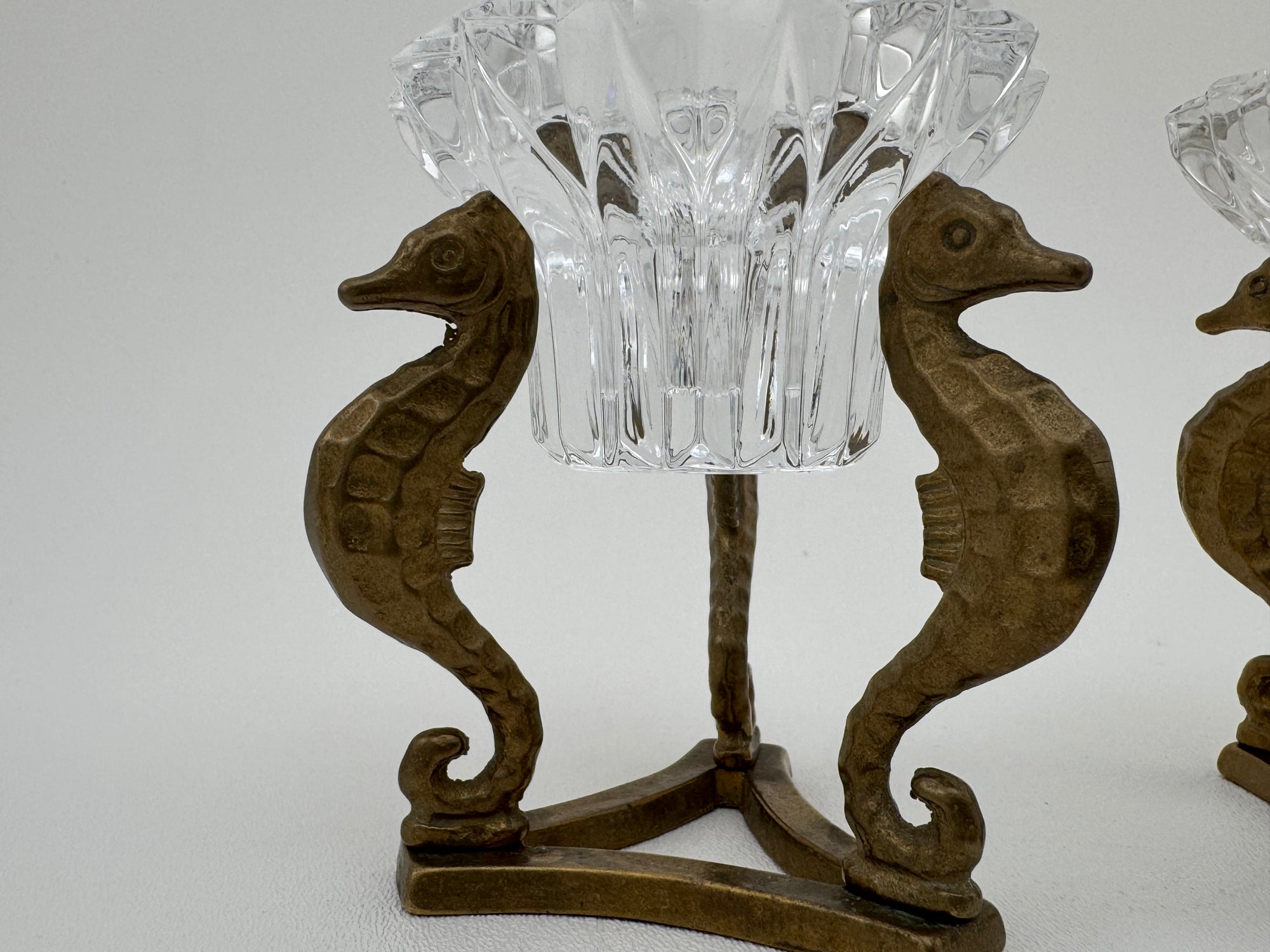 Vintage Brass Seahorse Stands with Crystal Inserts-A Pair