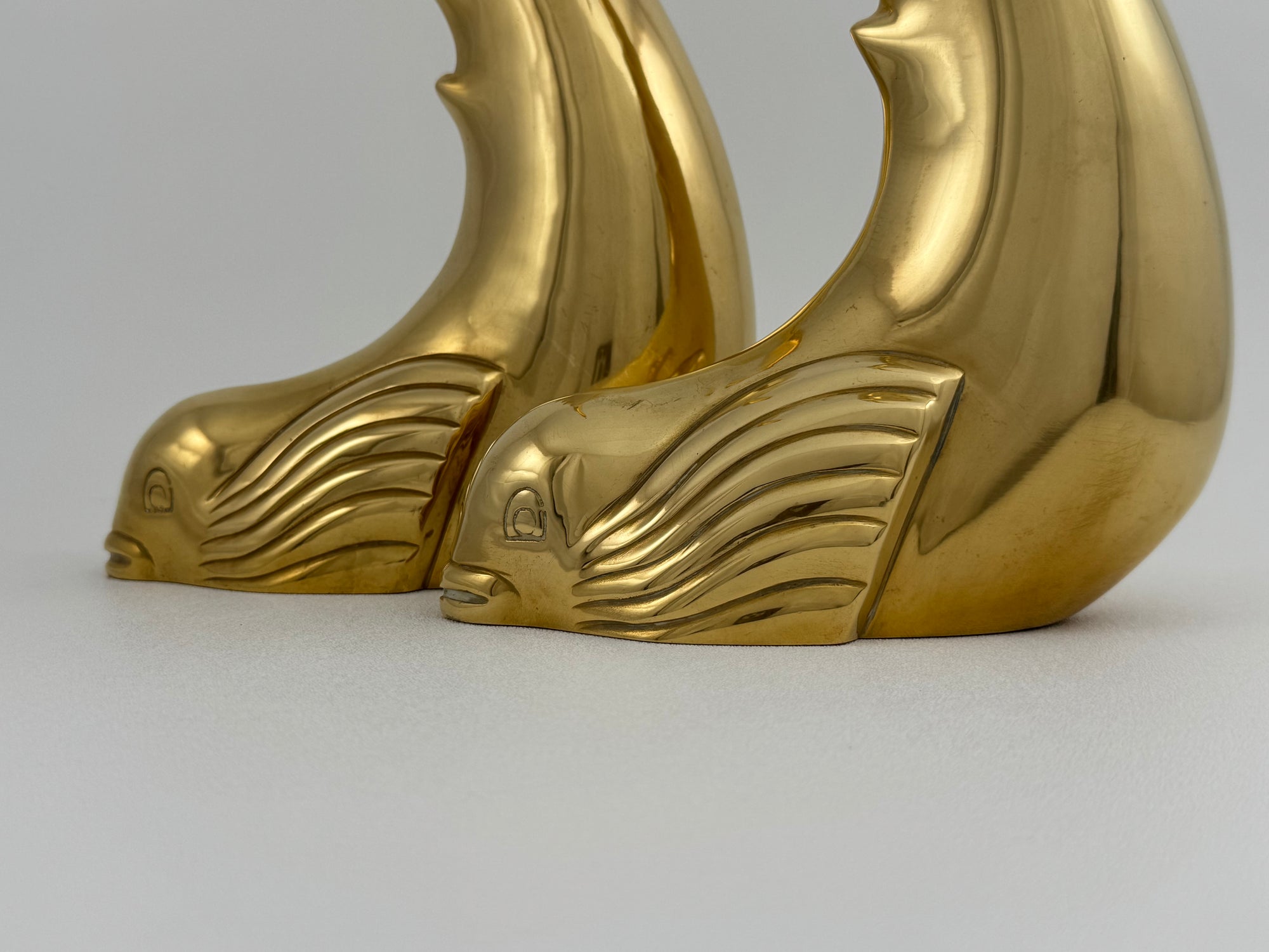 Vintage Brass Dolphin Sculptures- A Pair by Dolbi Cashier-14”
