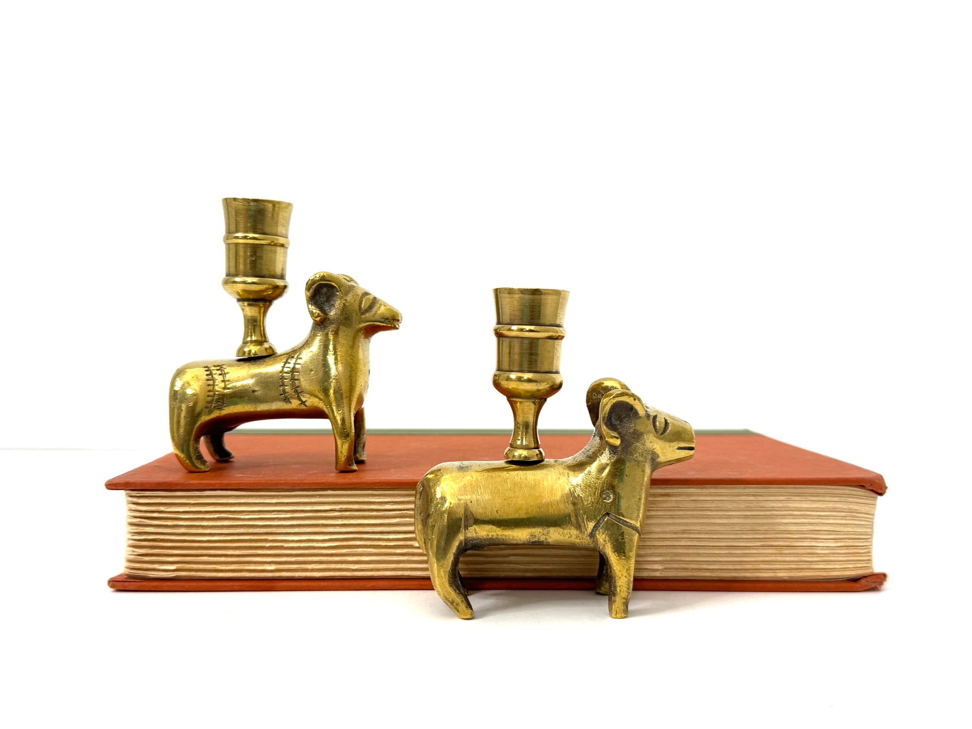 Vintage Brass Ram Candle Holders | Mid-Century Handcrafted Pair