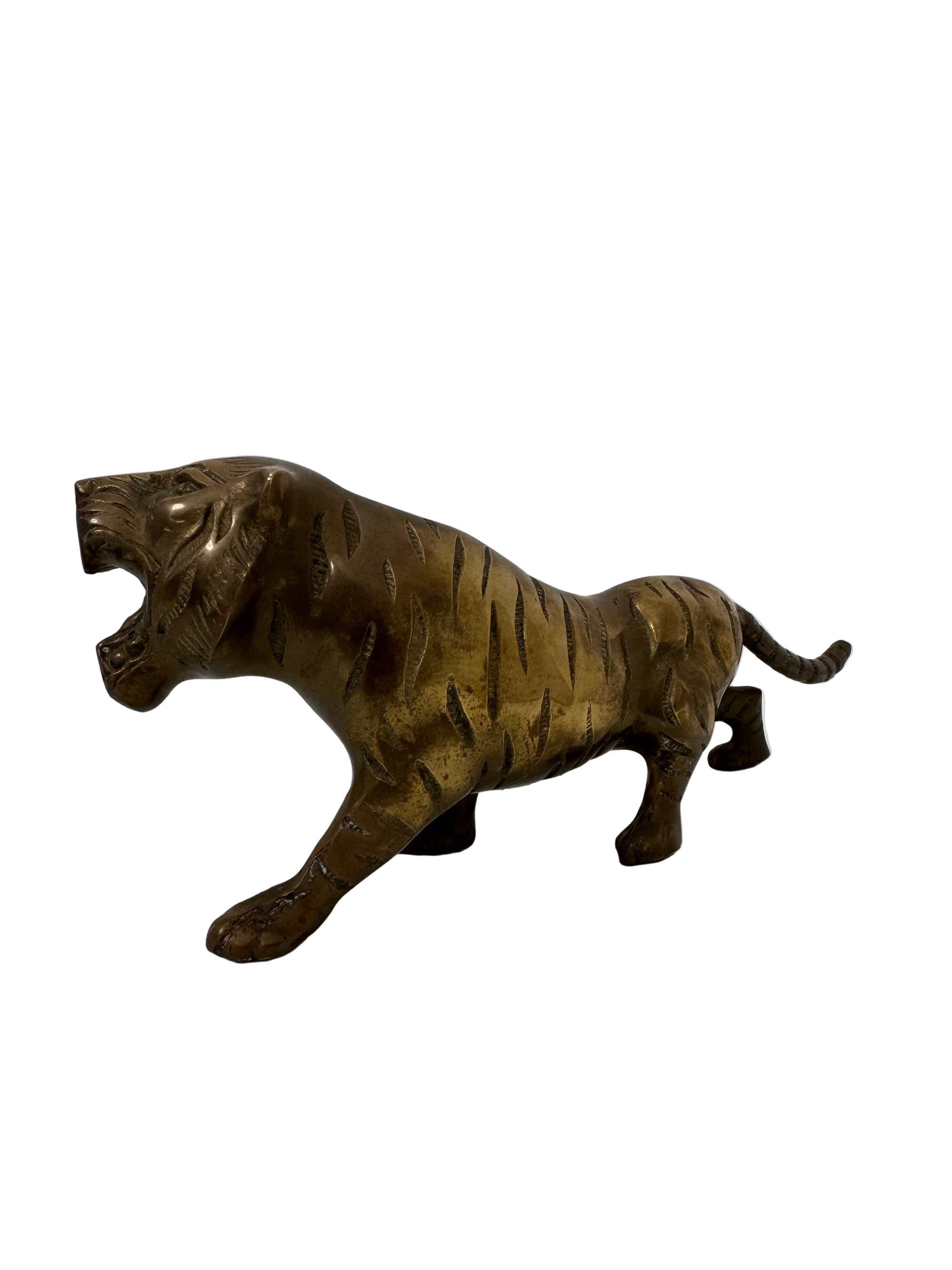 Vintage Brass Tiger Figurine – Mid-Century Modern Roaring Jungle Cat (15”)