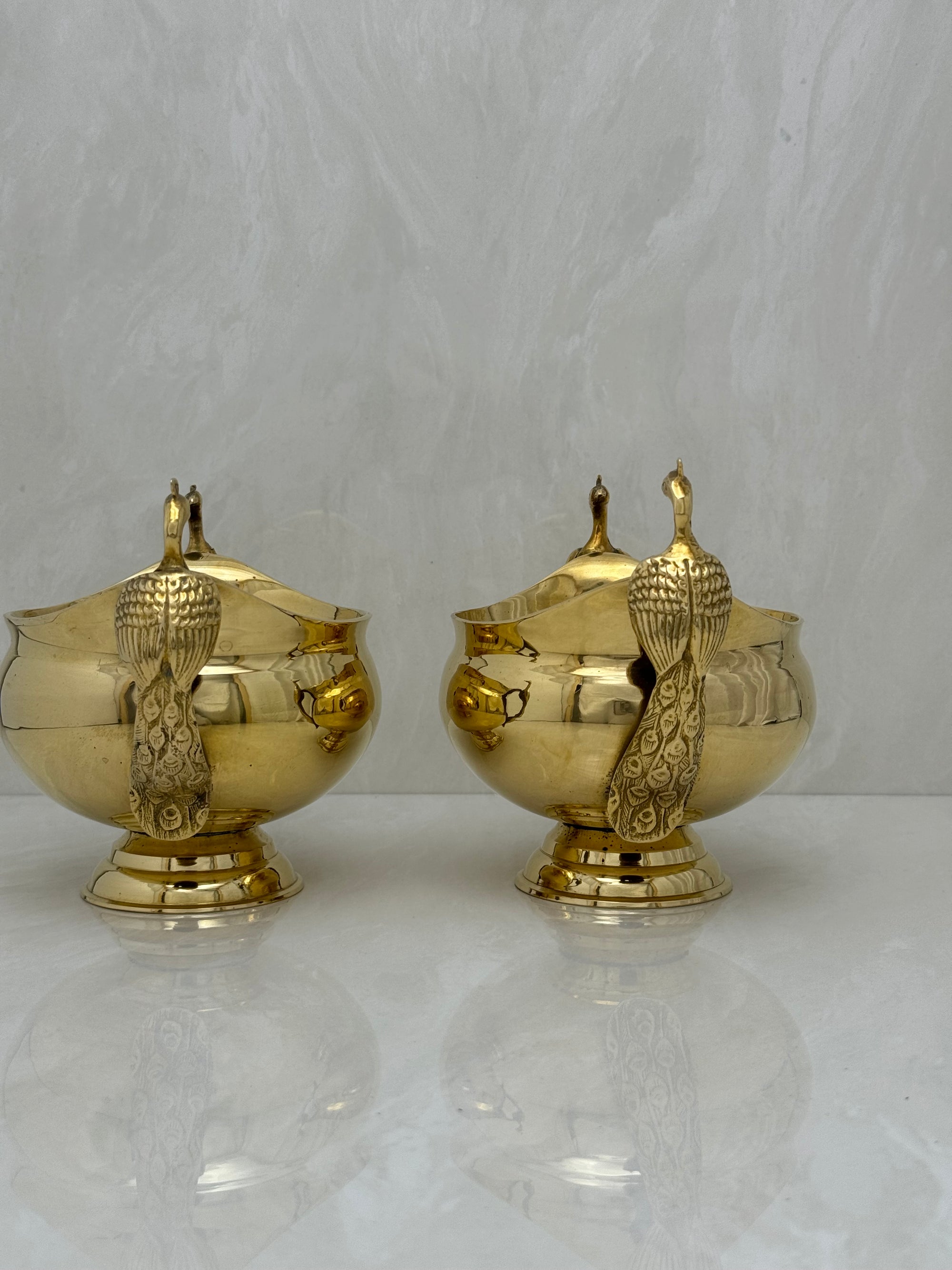 Vintage Brass Flower Bowls With Peacock Handles-A Pair