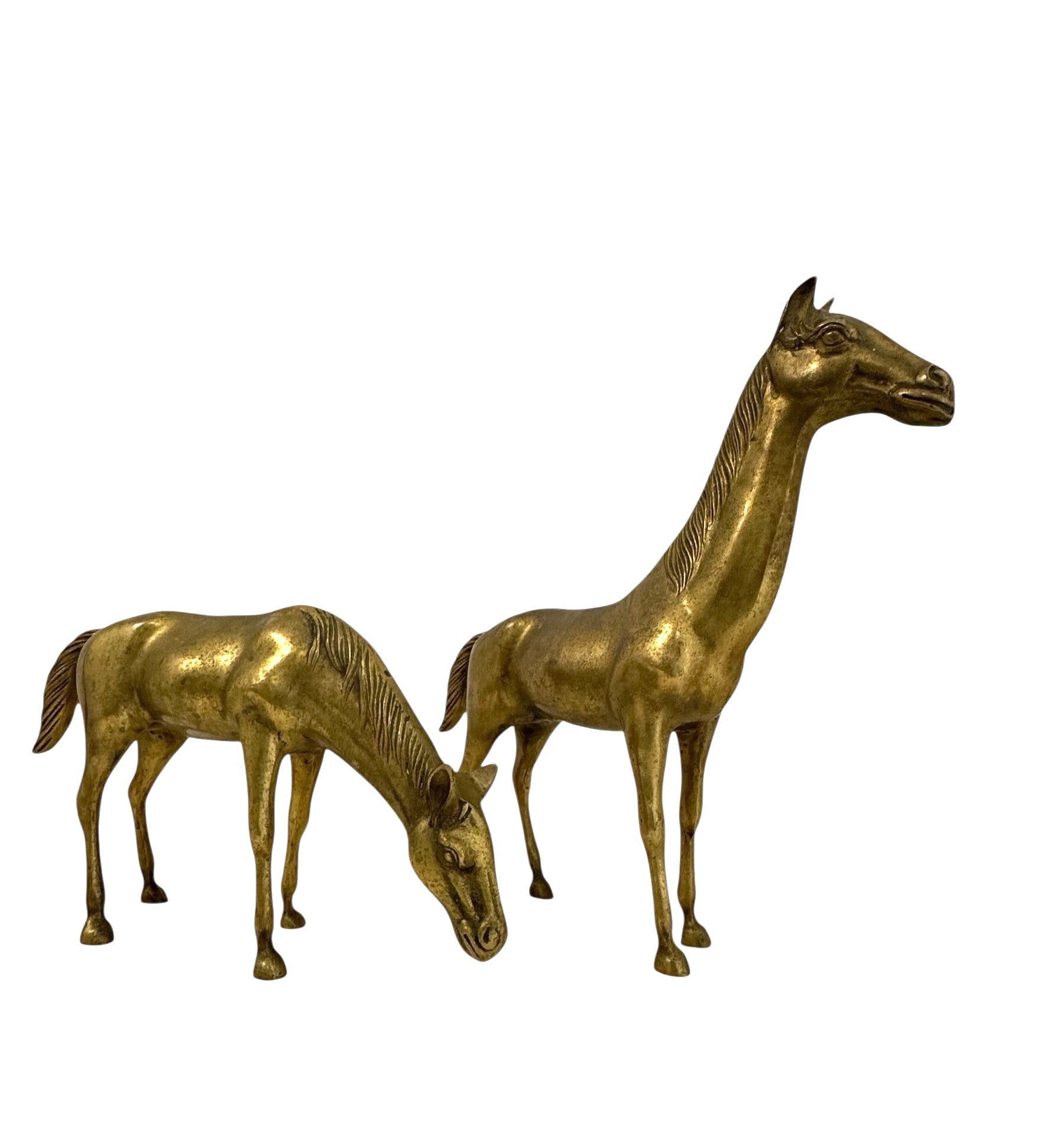 Large Vintage Brass Horse Sculptures – Grazing and Standing Pair (14.5 and 13.5 inches long)