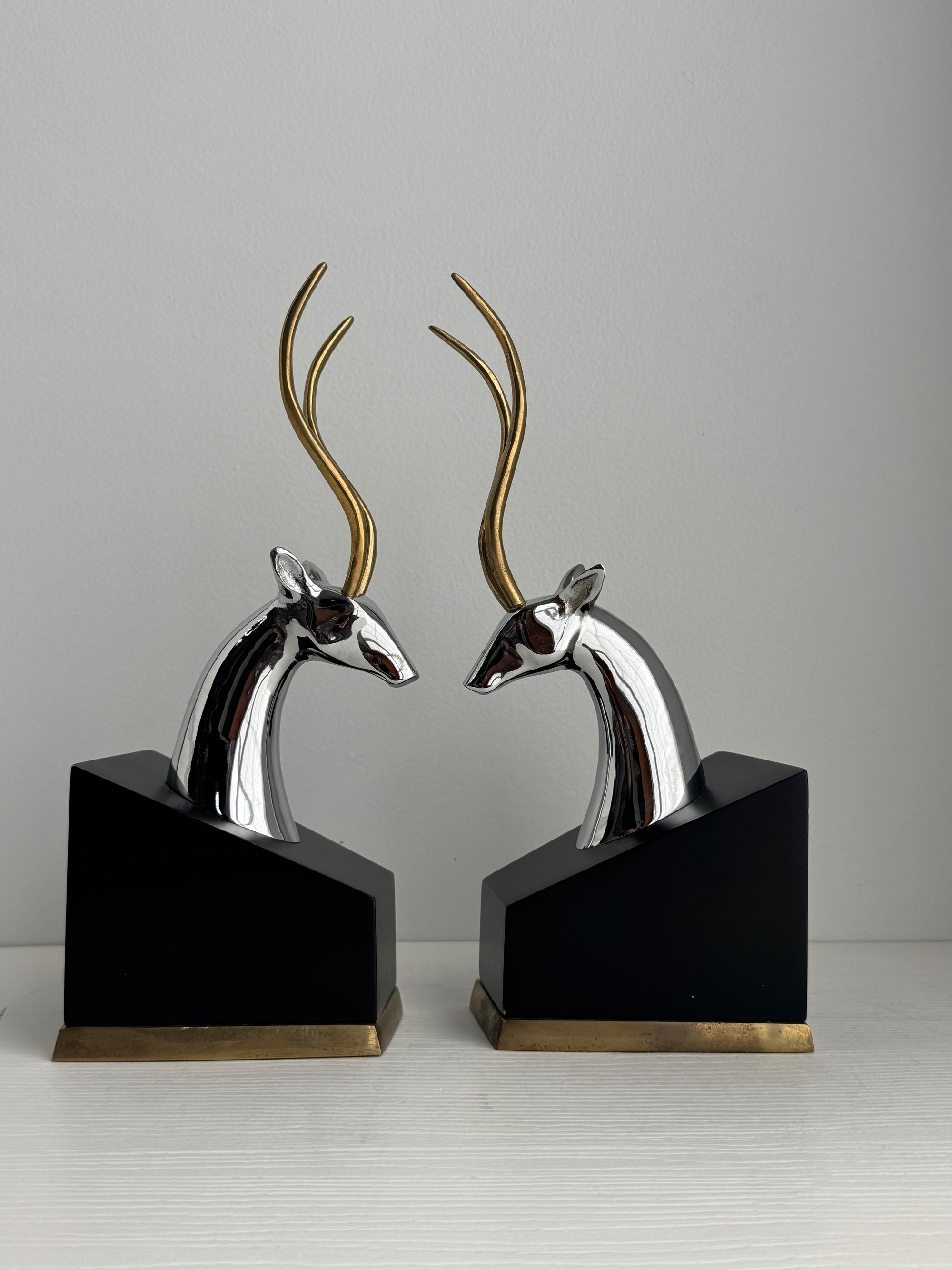 Mid-Century Chrome and Brass Antelope Bookends – Pair