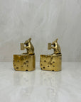 Vintage Brass Mice Reading Books Atop a Slice of Cheese-A Pair