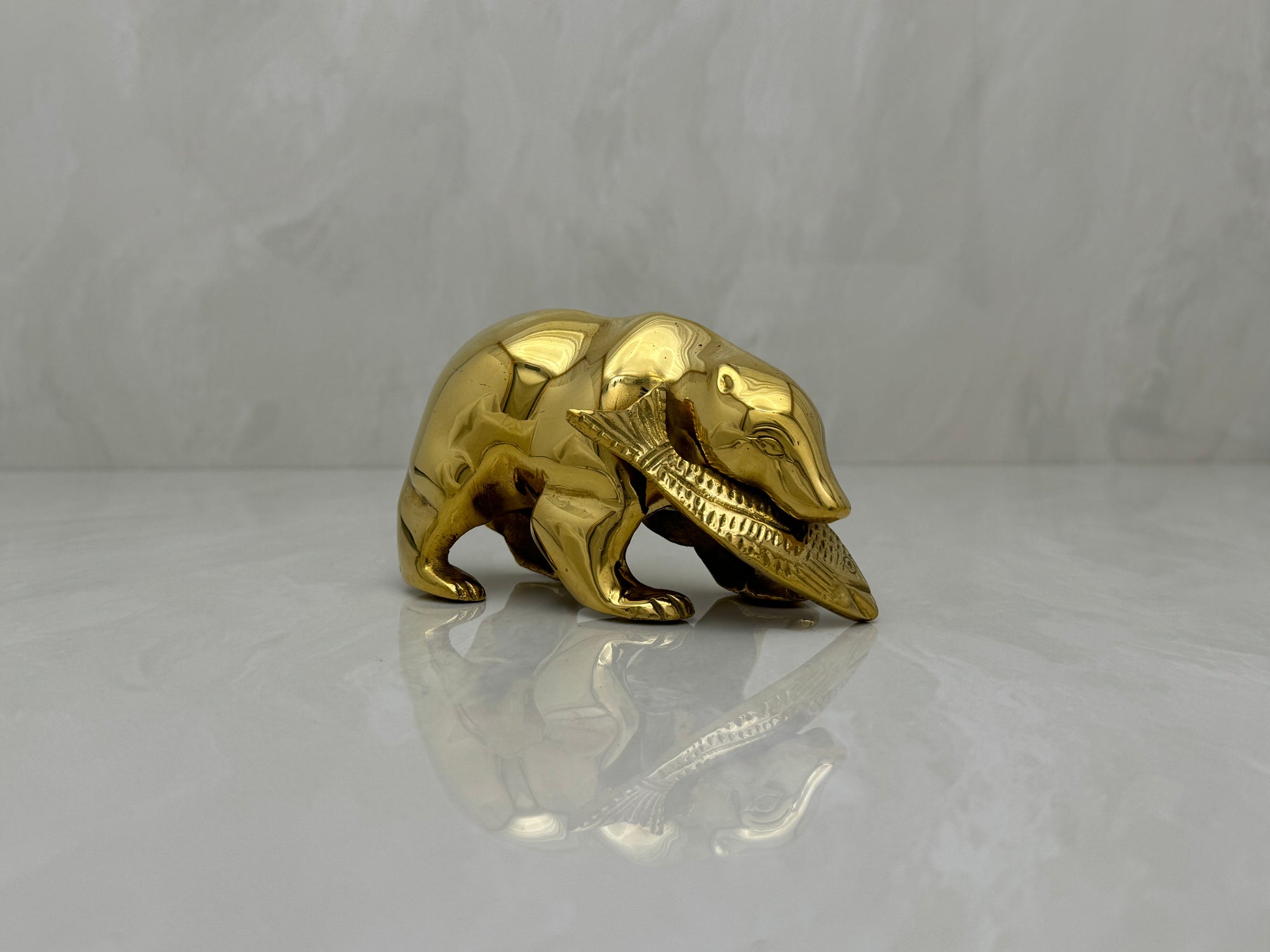 Vintage Brass Bear with Fish in Mouth