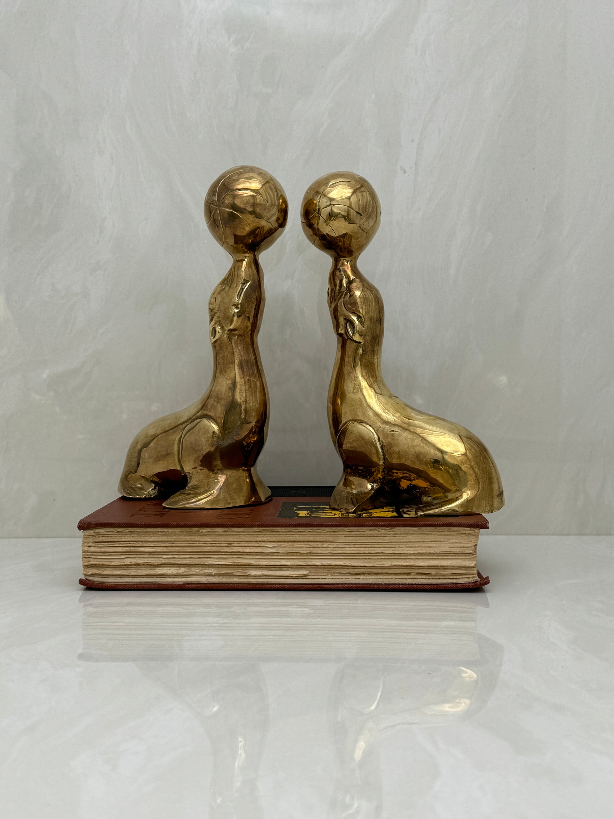 Vintage Brass Seal Bookends with Ball-A Pair