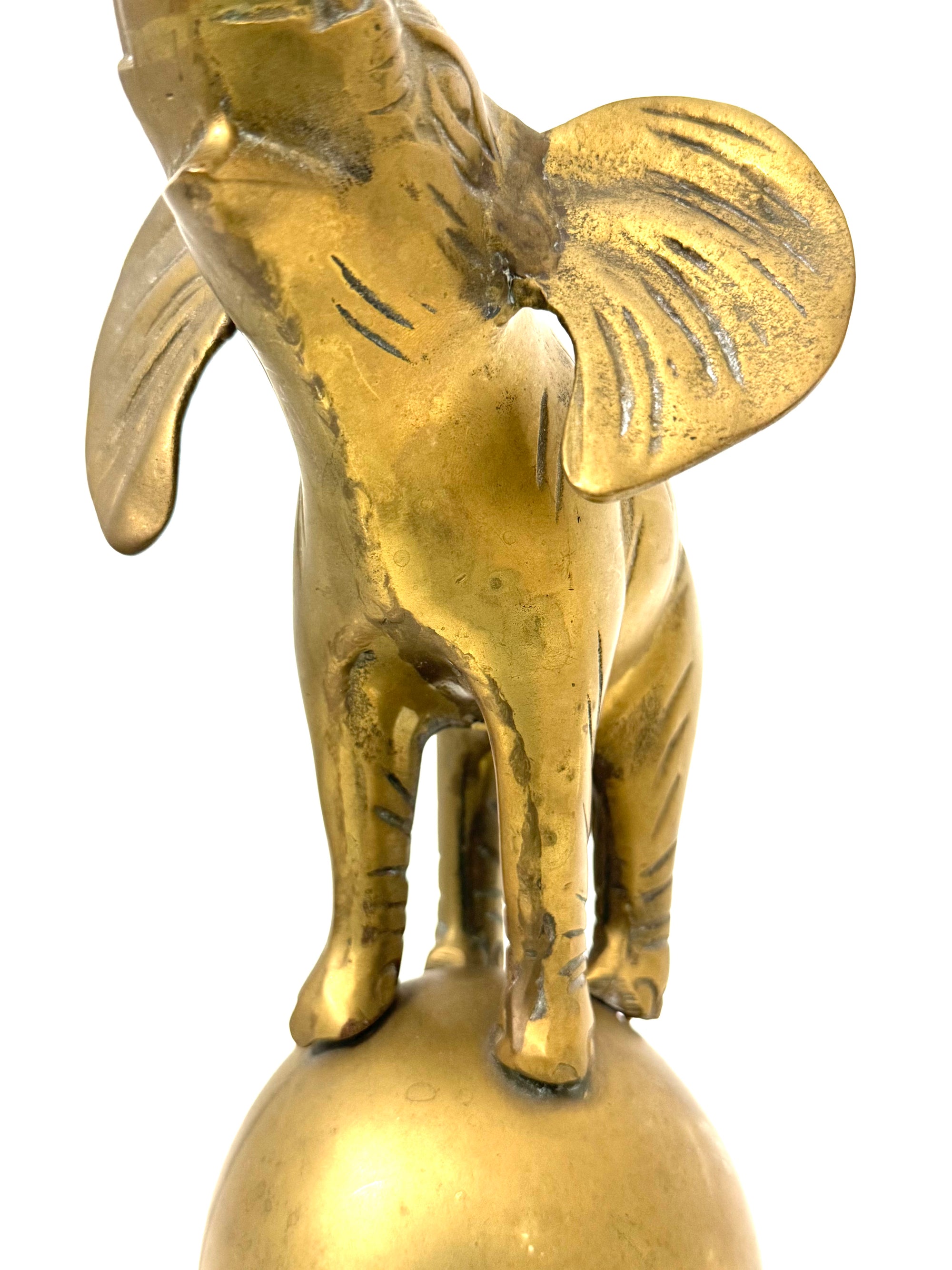 Vintage Brass Elephant on Ball | Mid-Century Circus Sculpture | 13+ inches tall