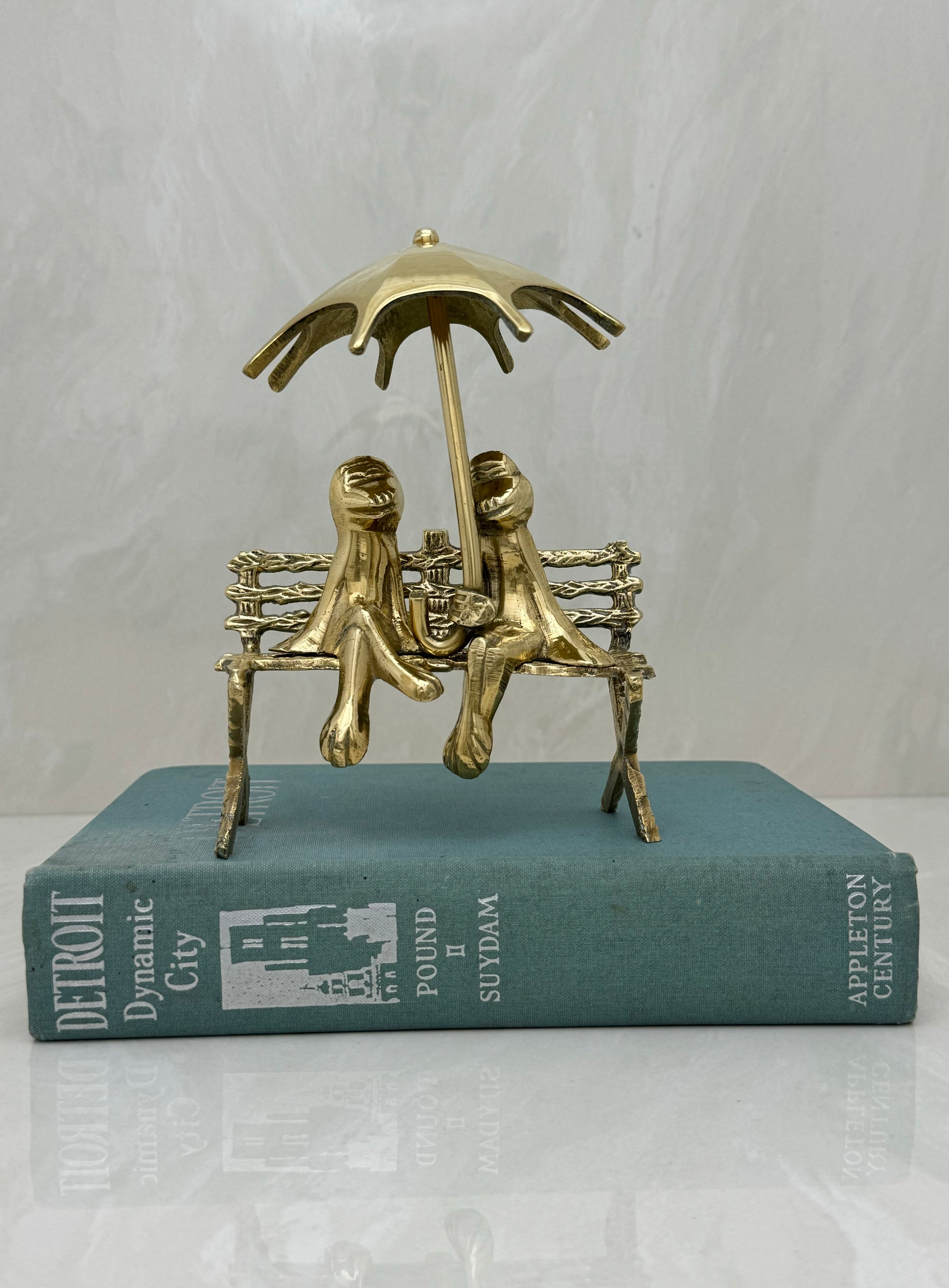 Vintage Brass Charming Frogs on Bench Under Umbrella