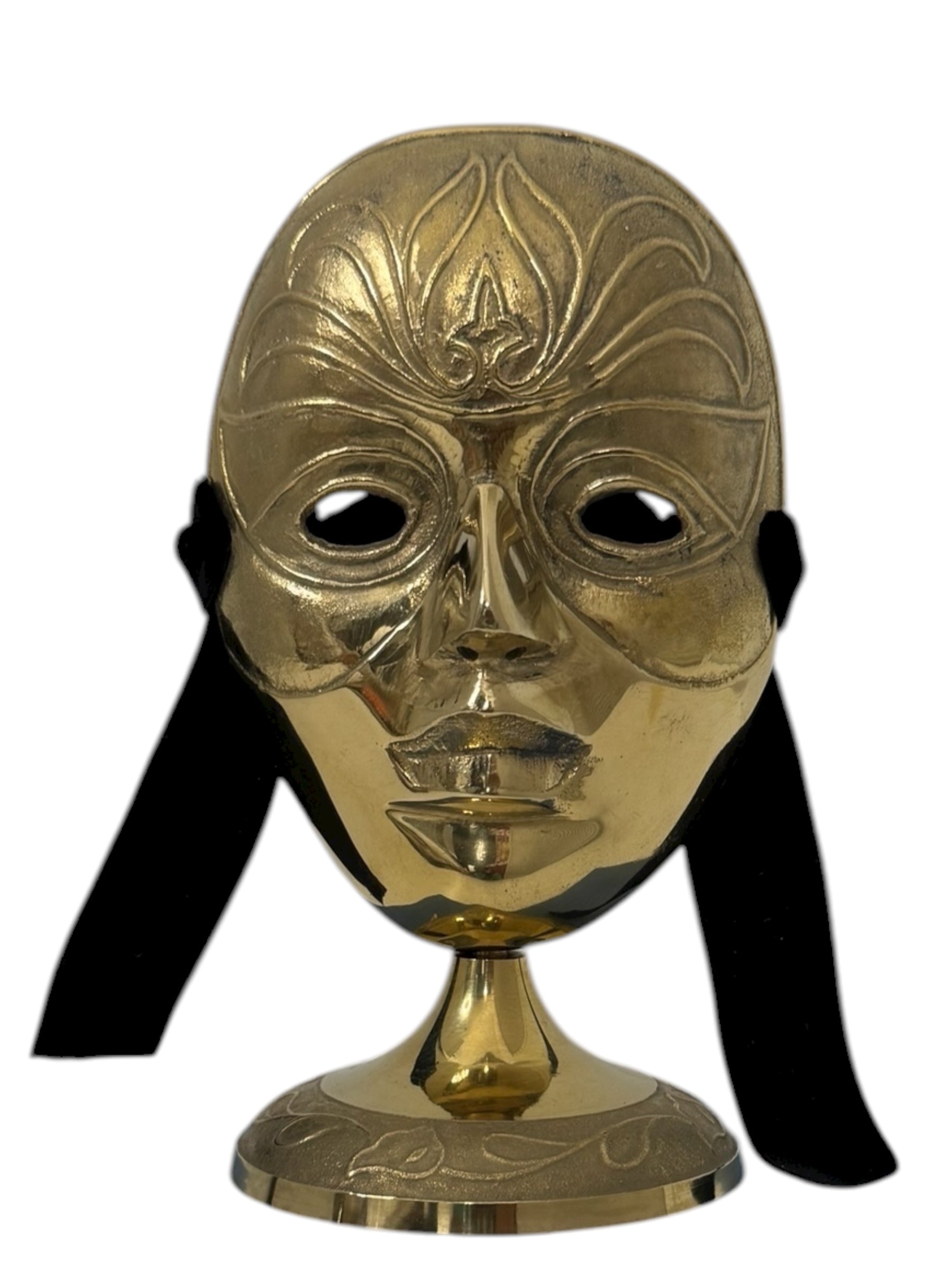 Vintage Brass Face Mask Sculpture on Stand | Mid-Century Modern Surreal Art Decor