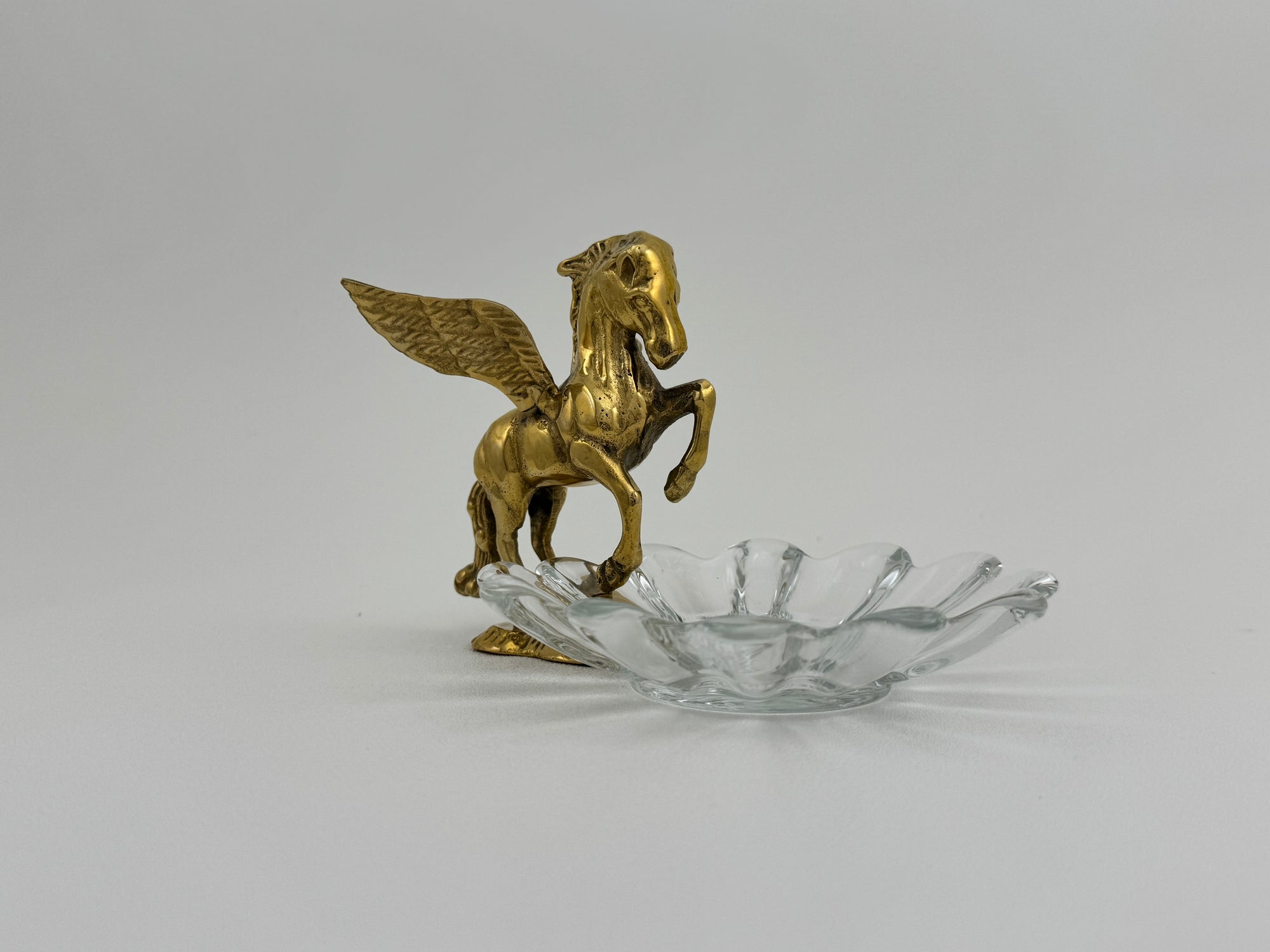 Vintage Brass Pegasus With Glass Trinket Dish- A Set