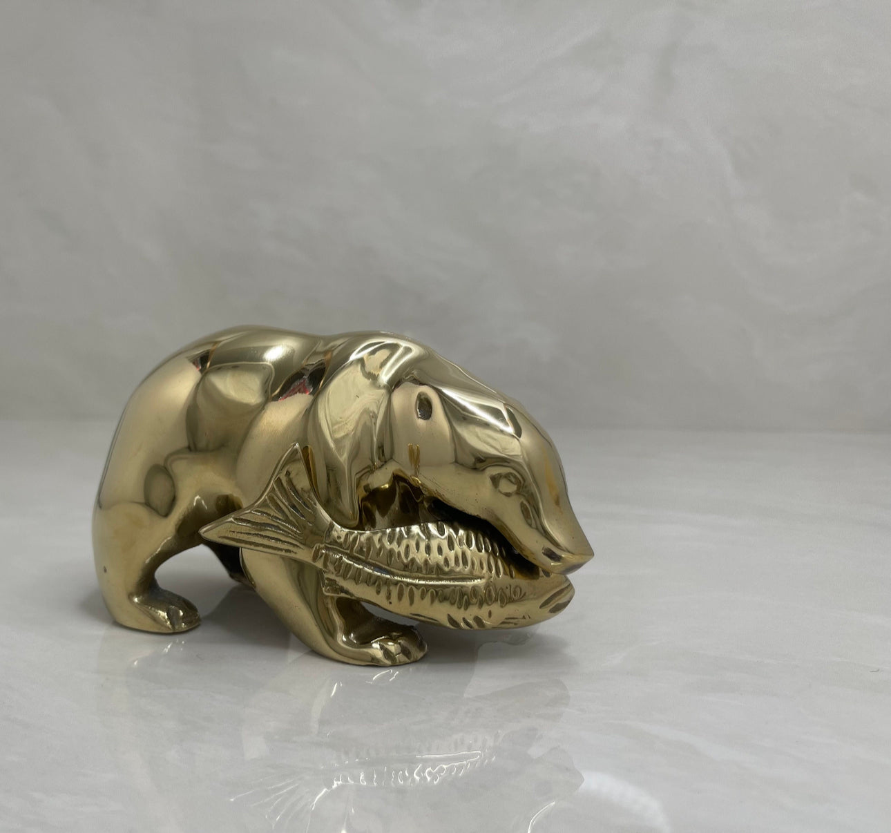 Vintage Brass MCM Bear with Fish in Mouth