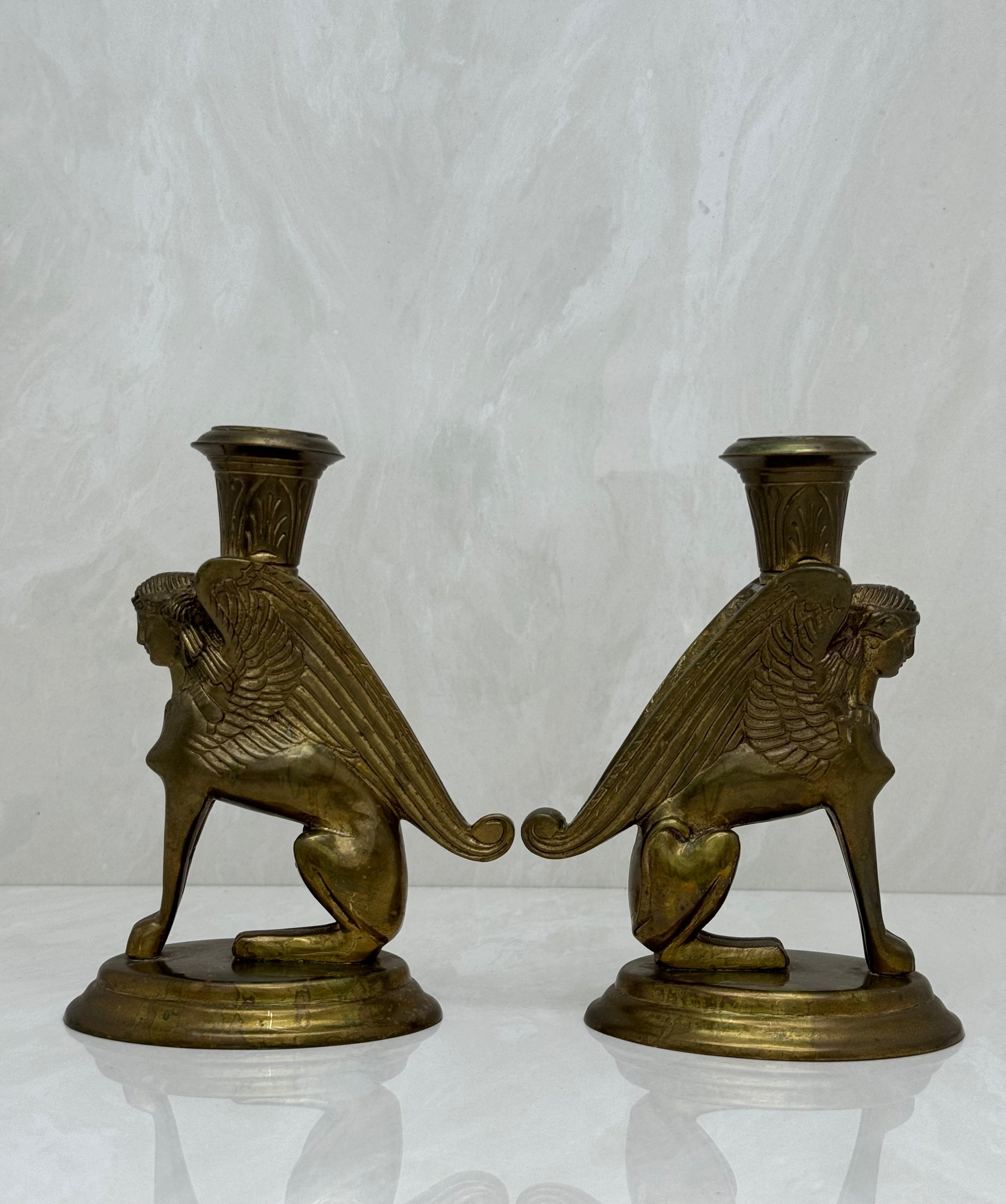 Vintage Brass Winged Sphinx Candleholders-A Pair