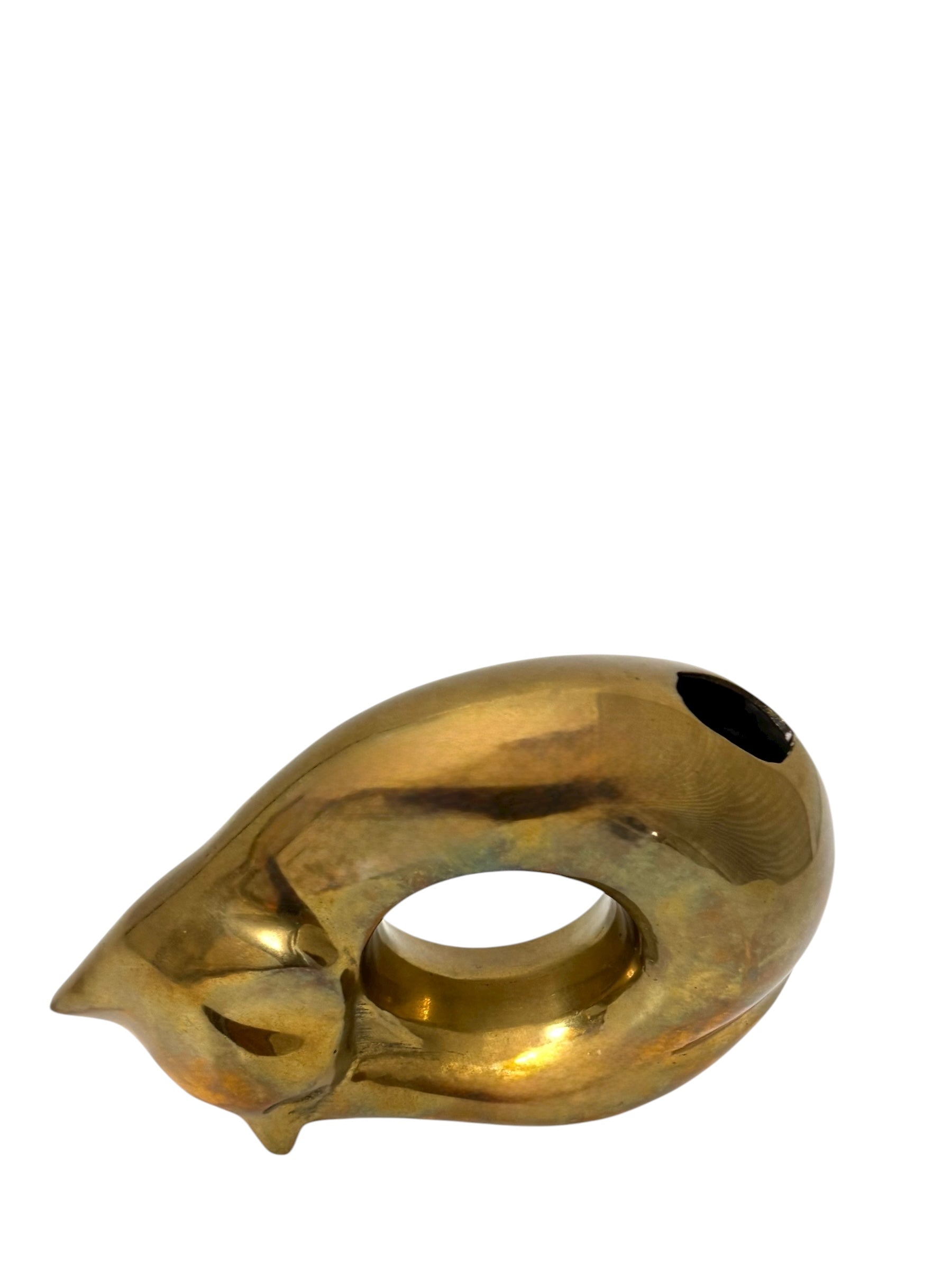 Rare Vintage Brass Ikebana Vase – Sleeping Cat Form | Mid-Century Modern Sculptural Art Vessel