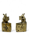 Vintage Brass Mice Reading Books Atop a Slice of Cheese-A Pair