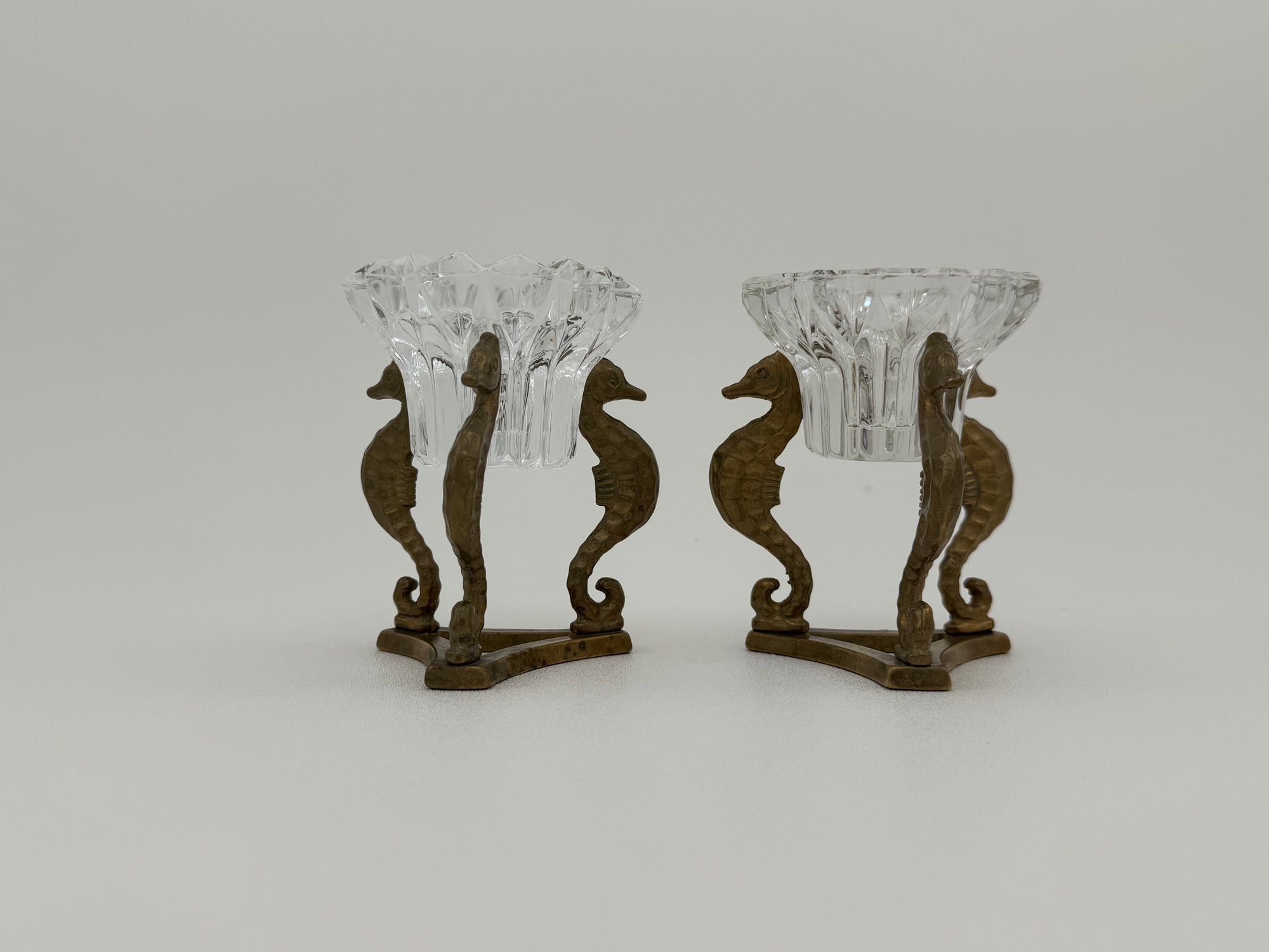 Vintage Brass Seahorse Stands with Crystal Inserts-A Pair