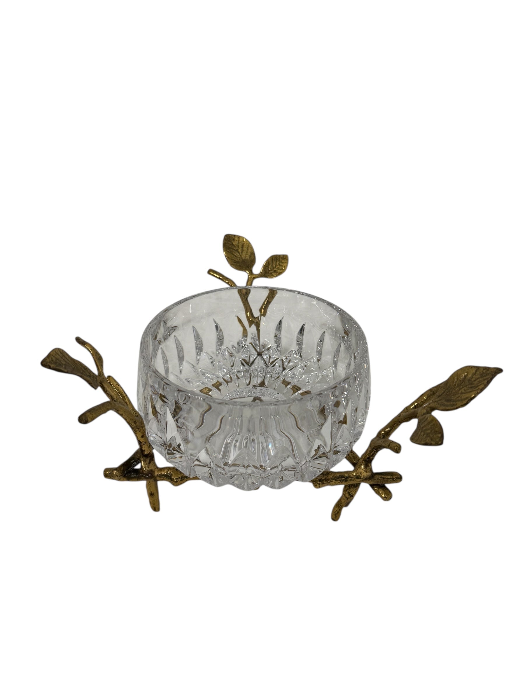 Vintage Cut Crystal Bowl with Ornate Brass Branch &amp; Leaf Stand – Mid-Century Elegance