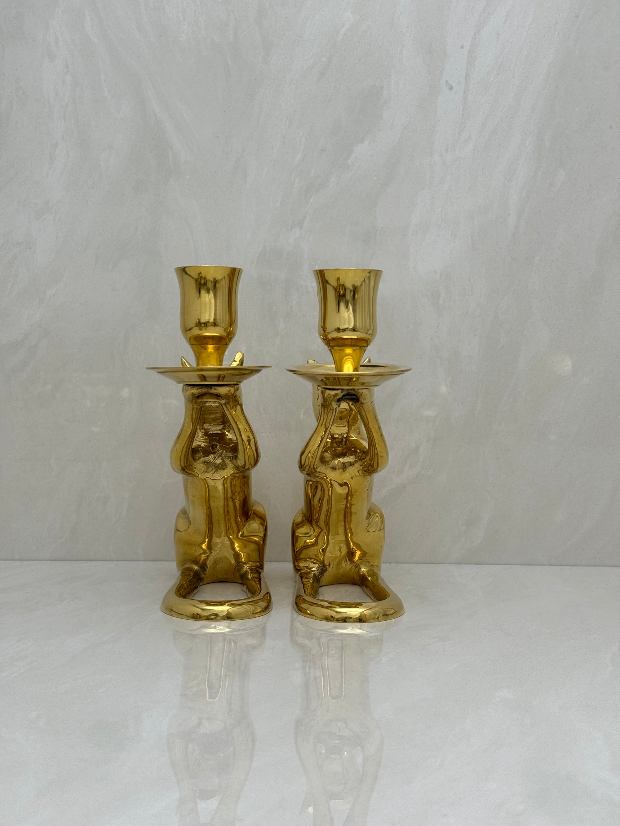 Vintage Brass Cat Candlestick Holders- A Pair