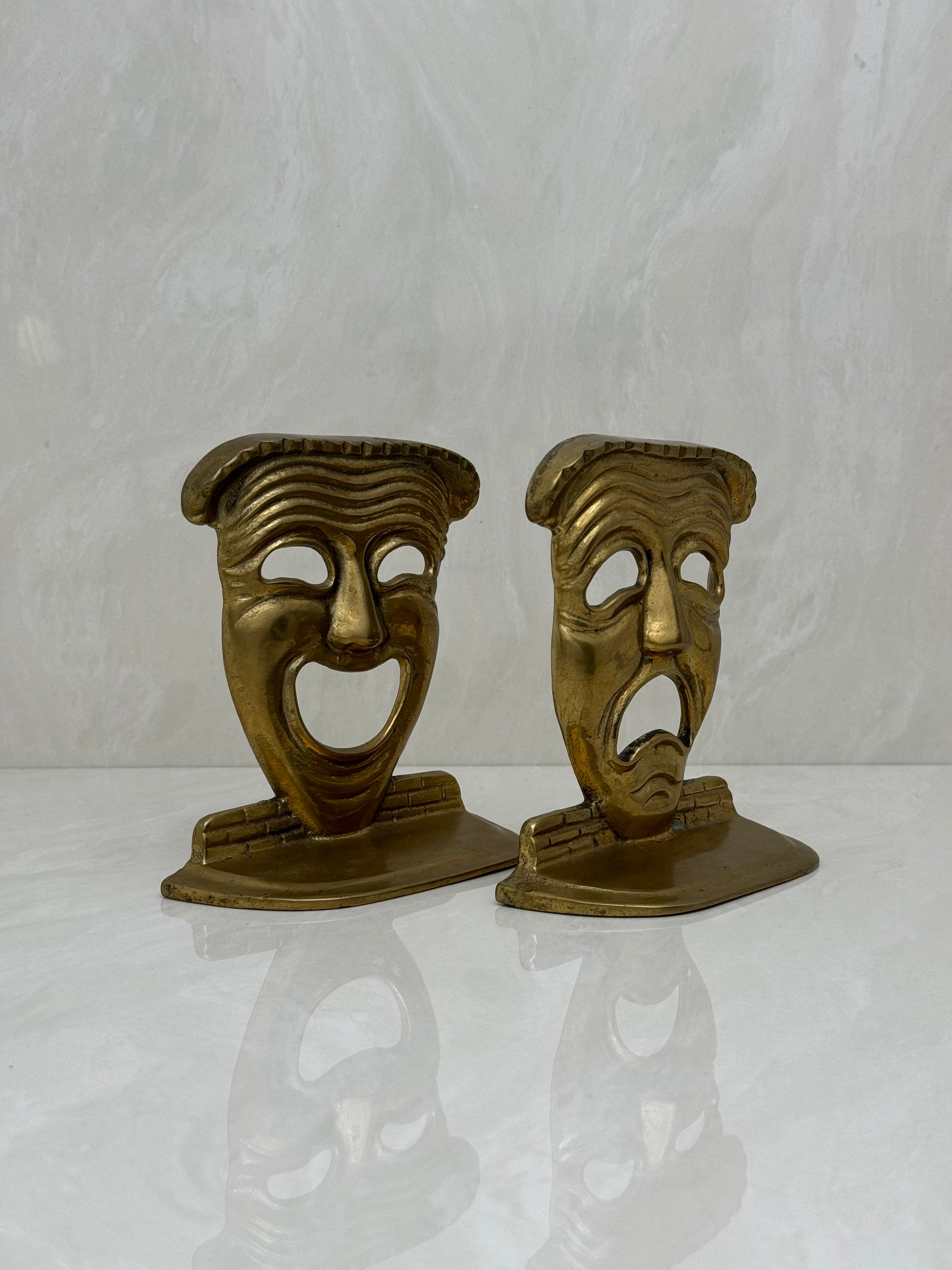 Vintage Brass Drama Masks Bookends- A Pair