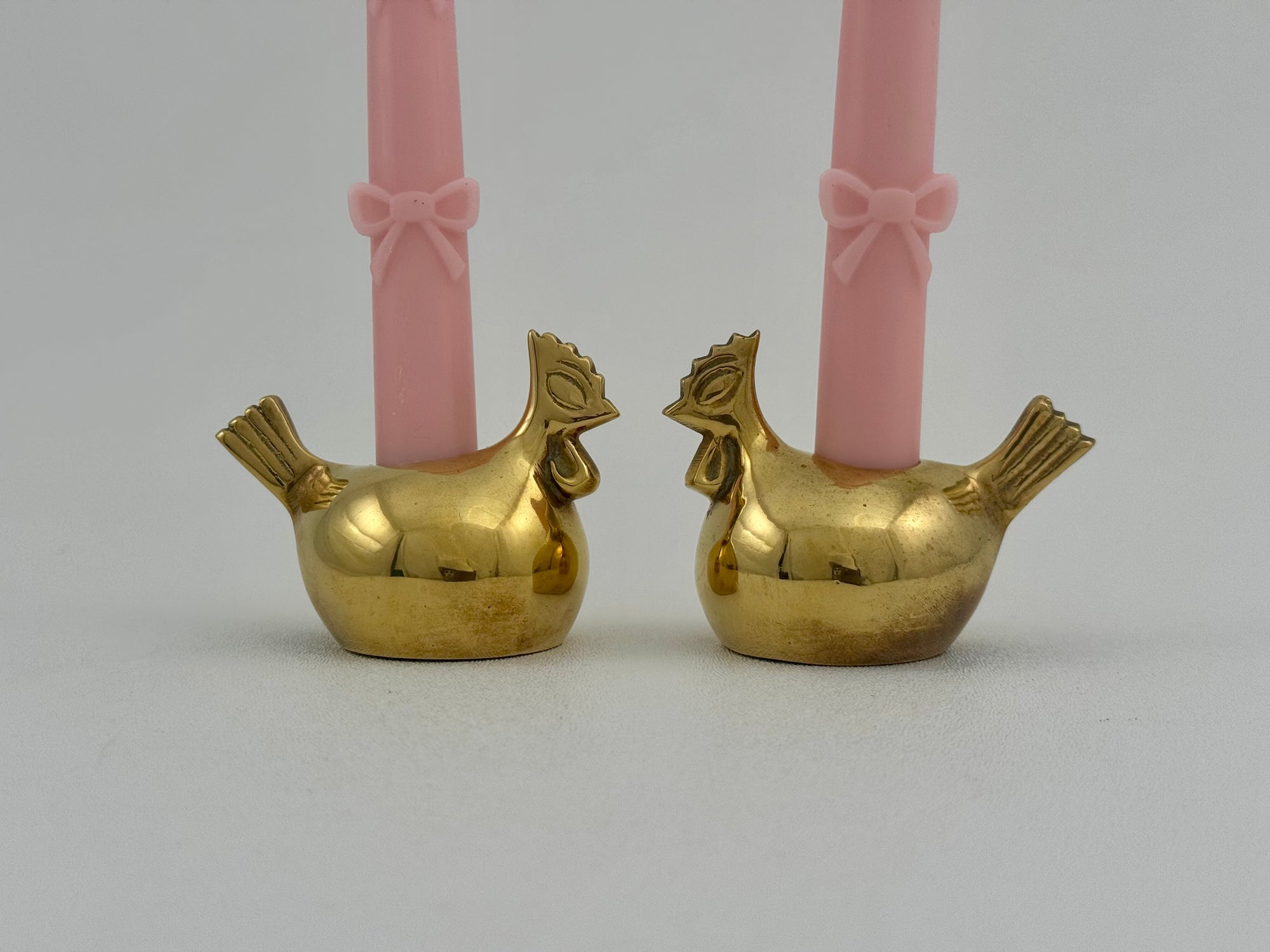 Pair of Small Vintage Brass Hen Candlestick Holders – Whimsical Farmhouse/Eclectic/Folk Art