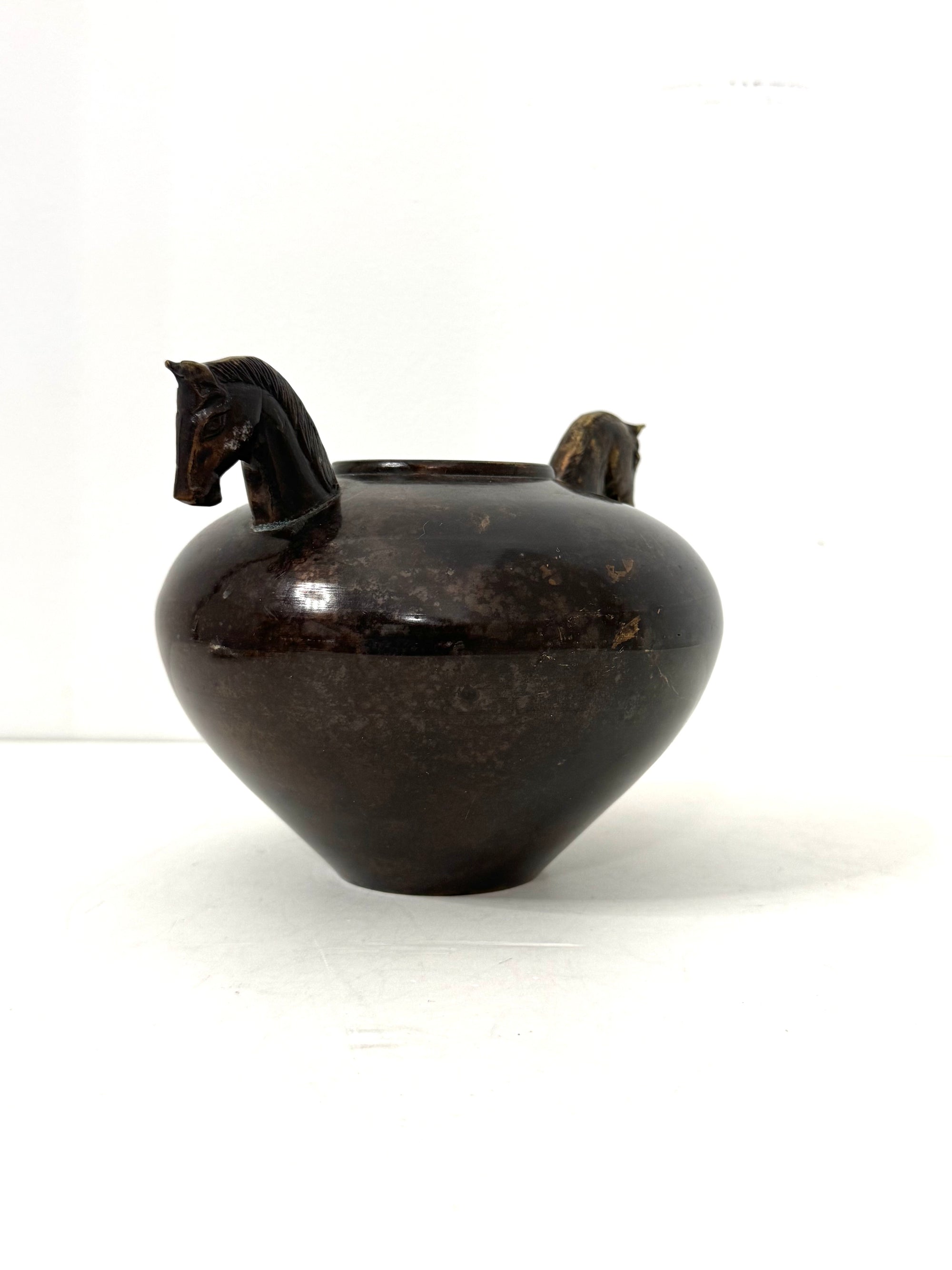 Vintage Bronze Horse Head Vessel | Dual Horse Sculpture Vase