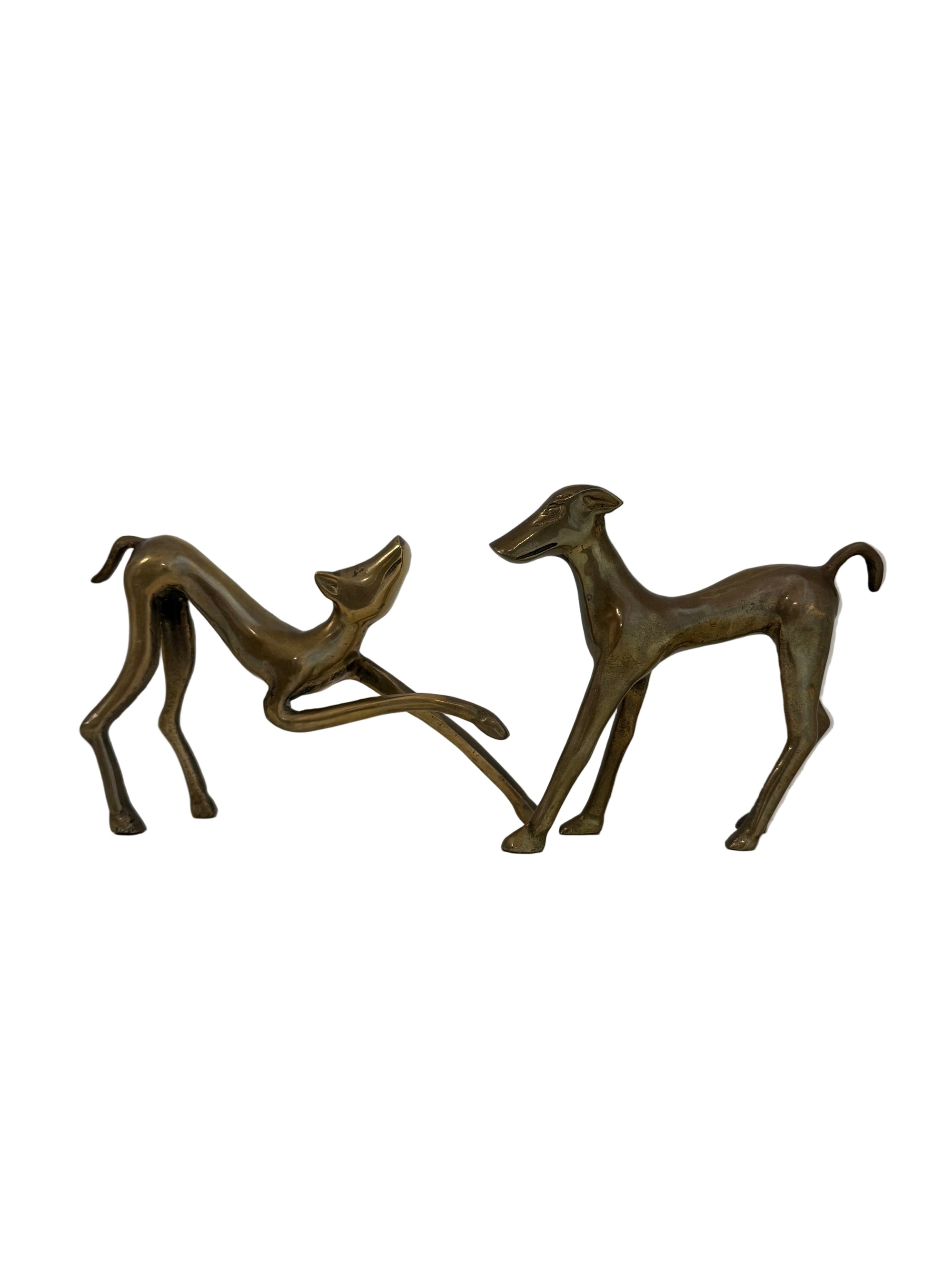Vintage Mid-Century Brass Greyhound Dogs – Playful Pair of Sculptures