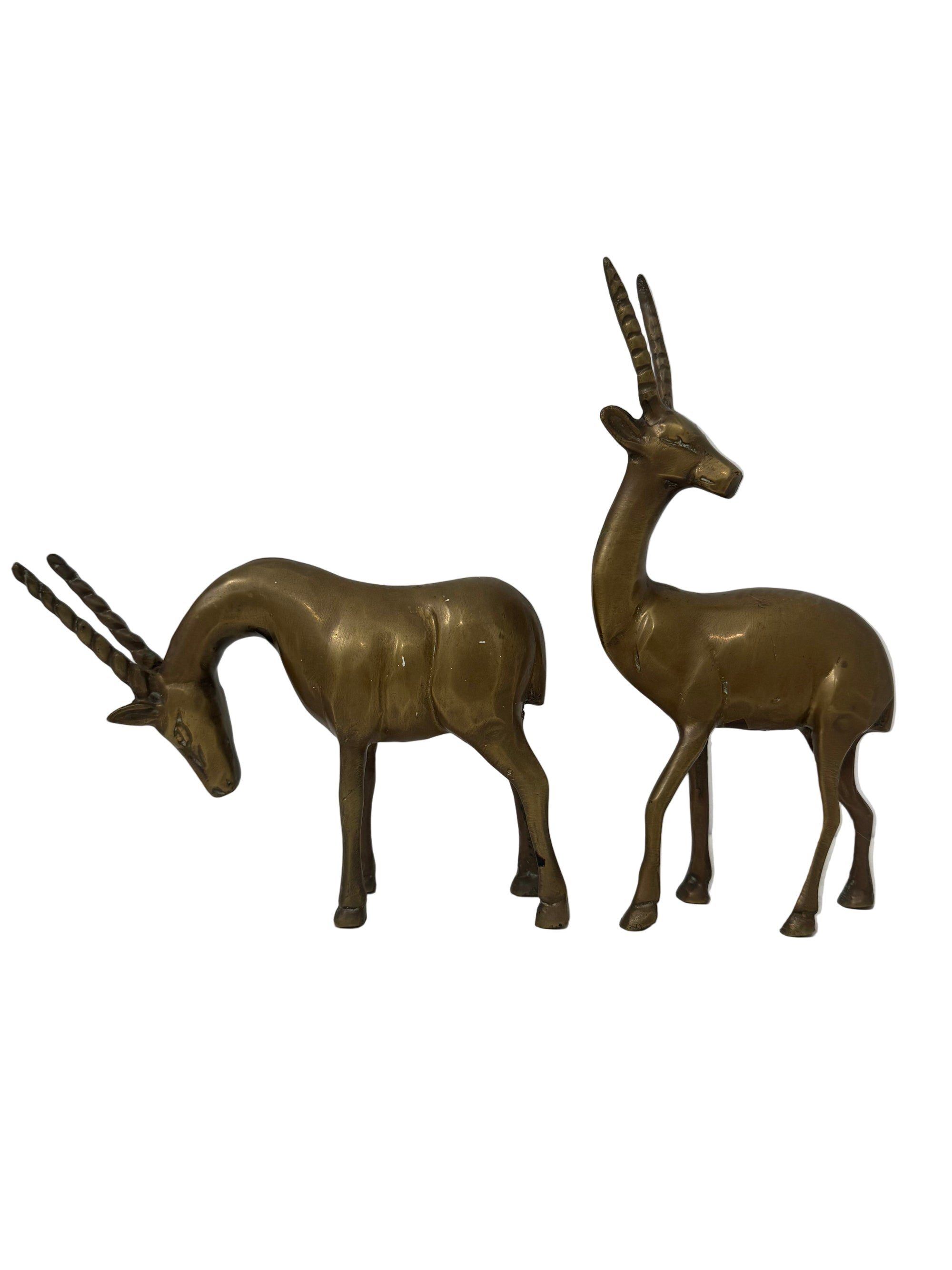 Vintage Mid-Century Brass Antelope Gazelle Figurines – Pair with Long Horns, Safari Wildlife Decor