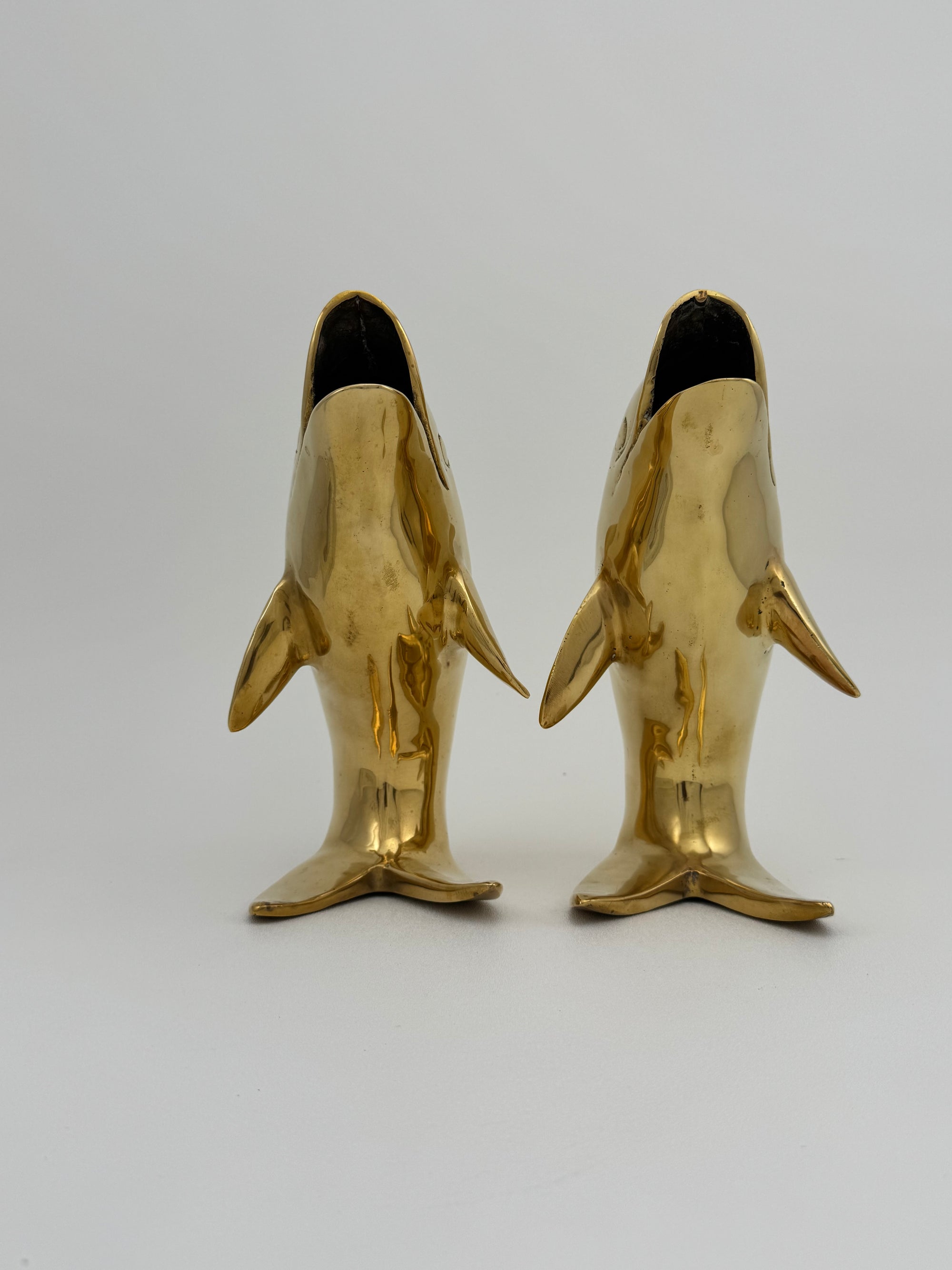 Vintage Solid Brass Dolphins – 10” Coastal Wishing Vessels/Coin Banks-A Pair