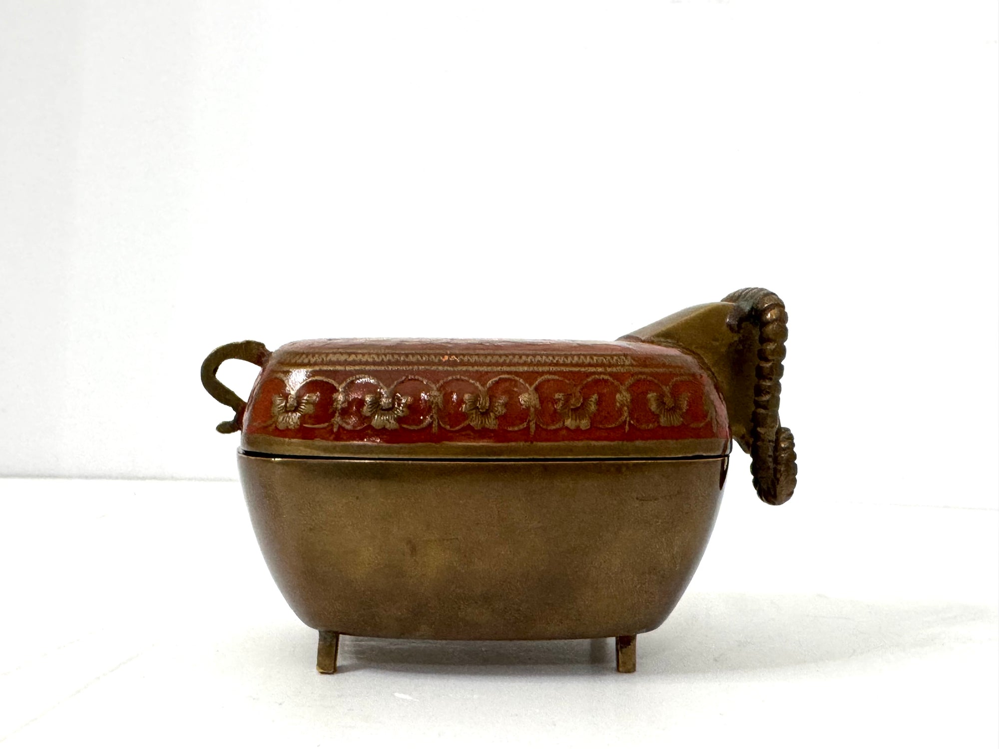 Vintage Brass Ram Trinket Box with Red Floral Enamel Lid | Mid-Century Decorative Storage Box