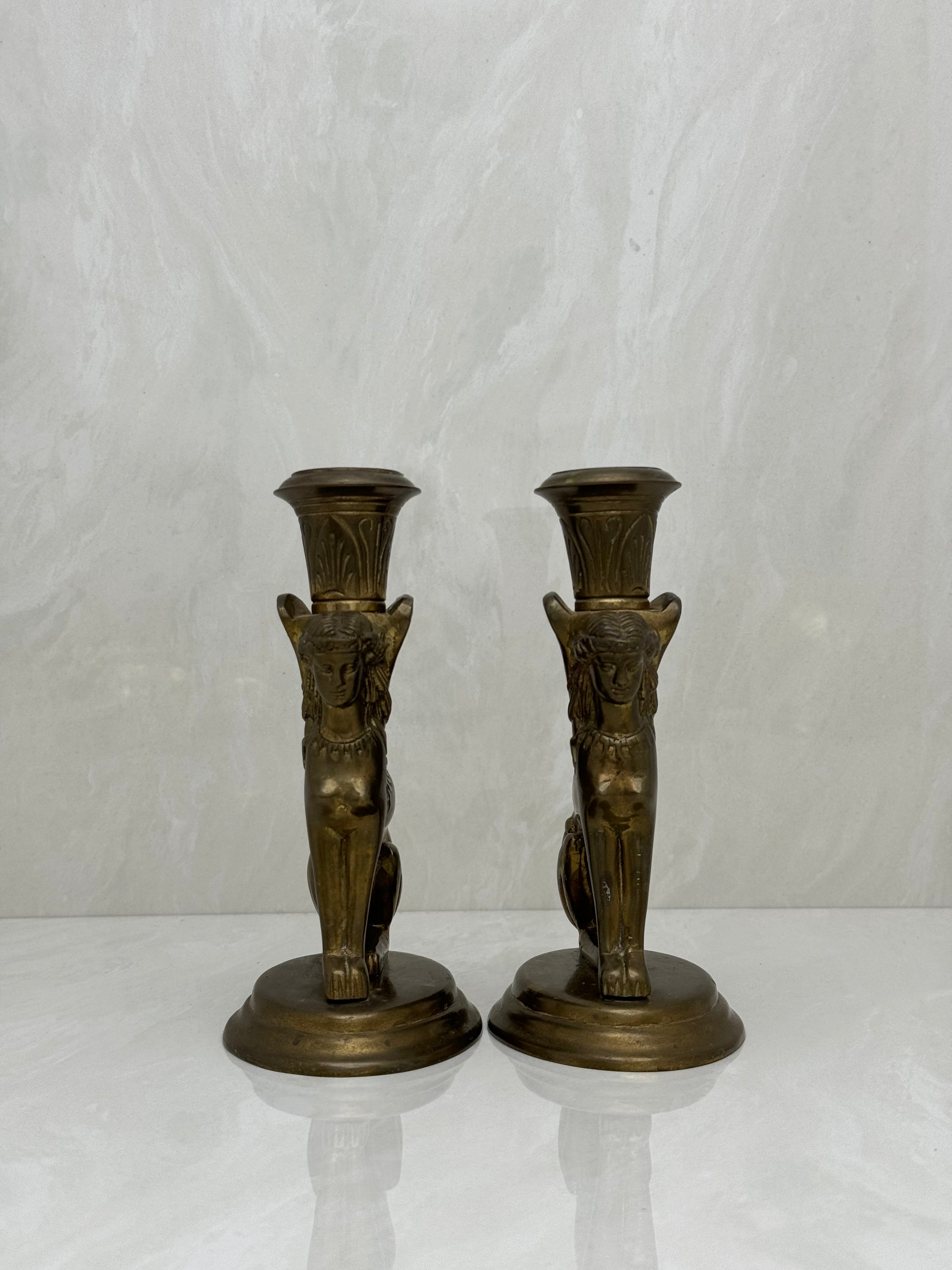 Vintage Brass Winged Sphinx Candleholders-A Pair