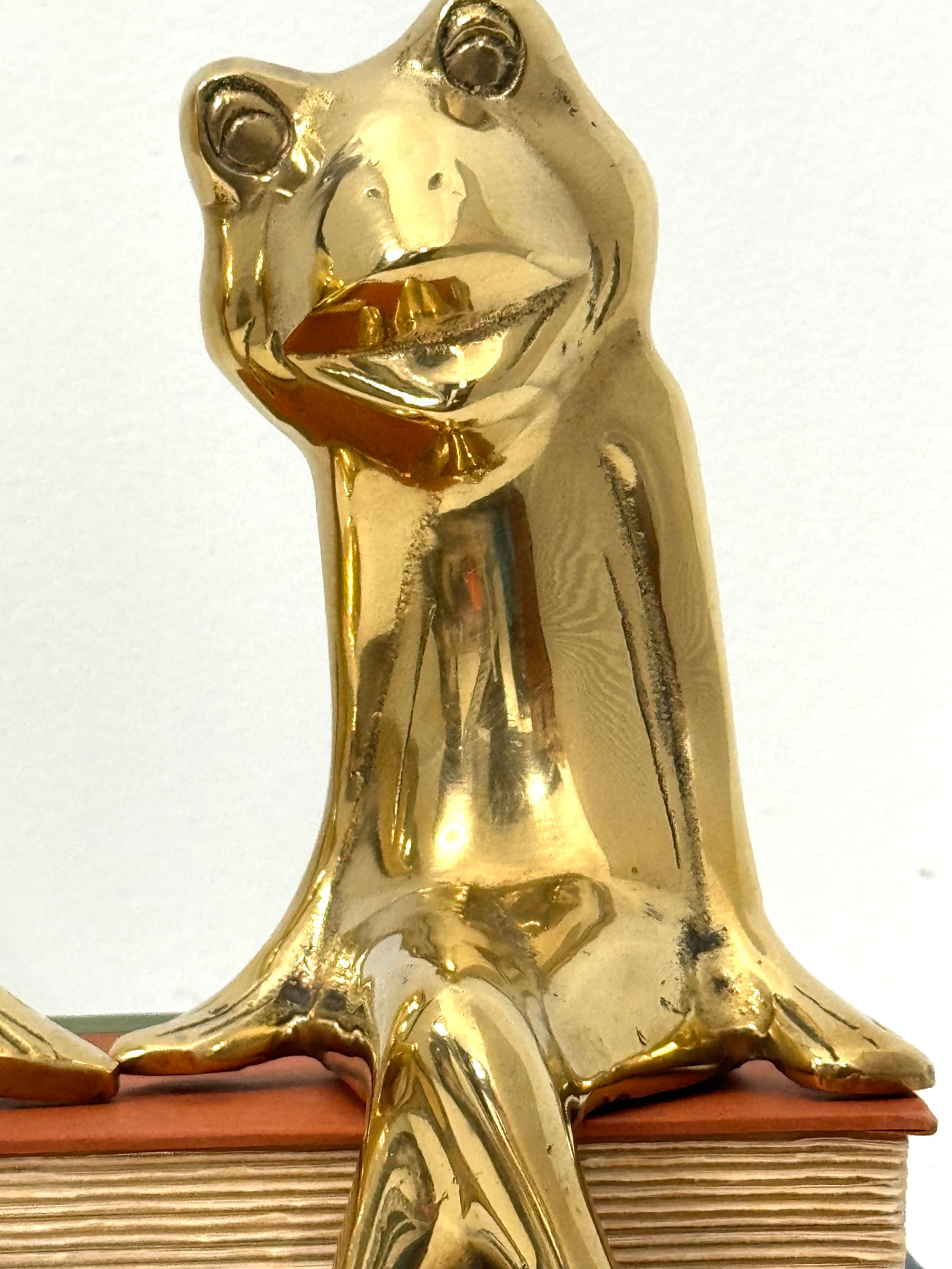 Vintage Polished Brass Frog Couple Bookends — Mid-Century Modern Charm