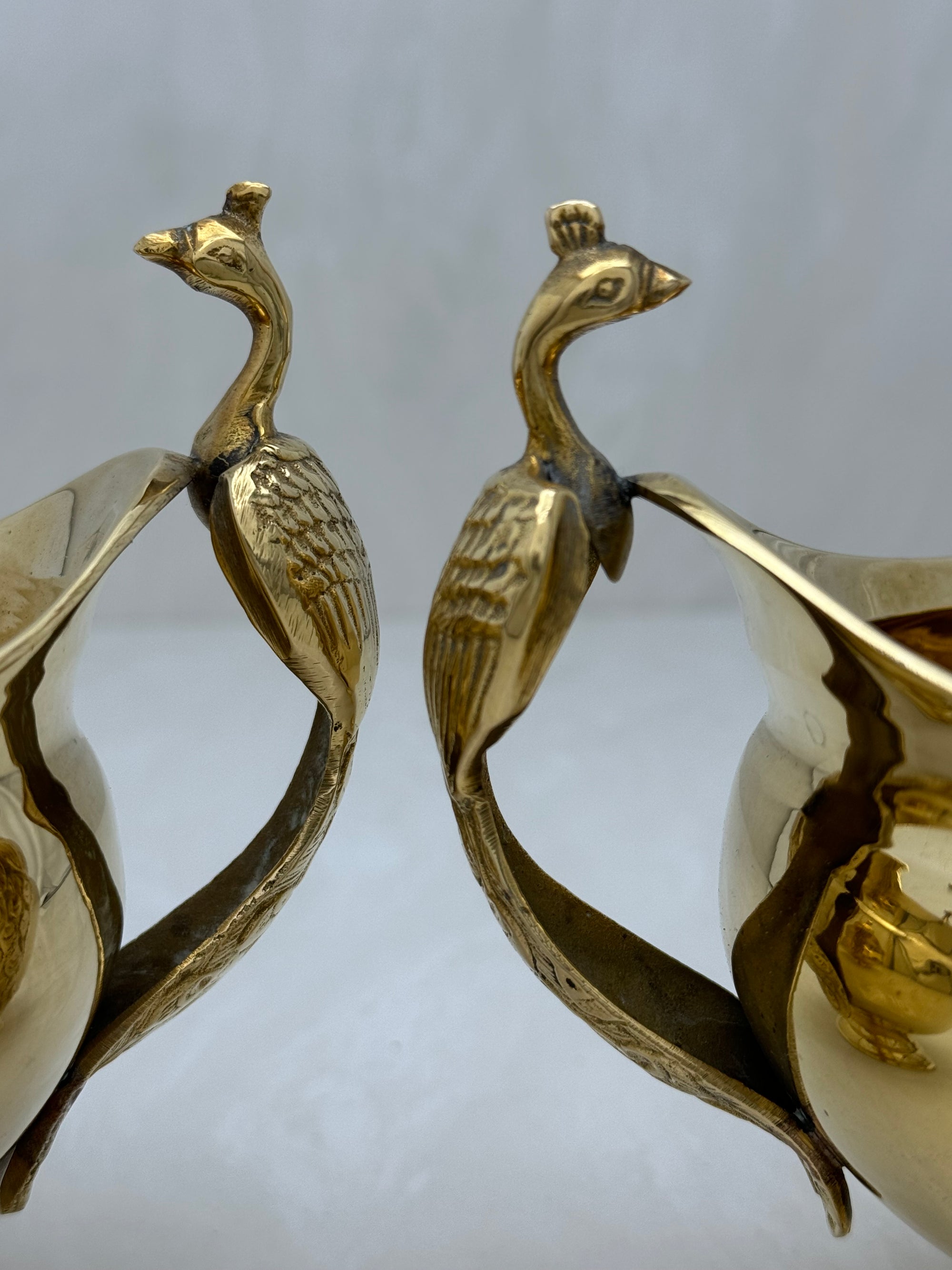 Vintage Brass Flower Bowls With Peacock Handles-A Pair