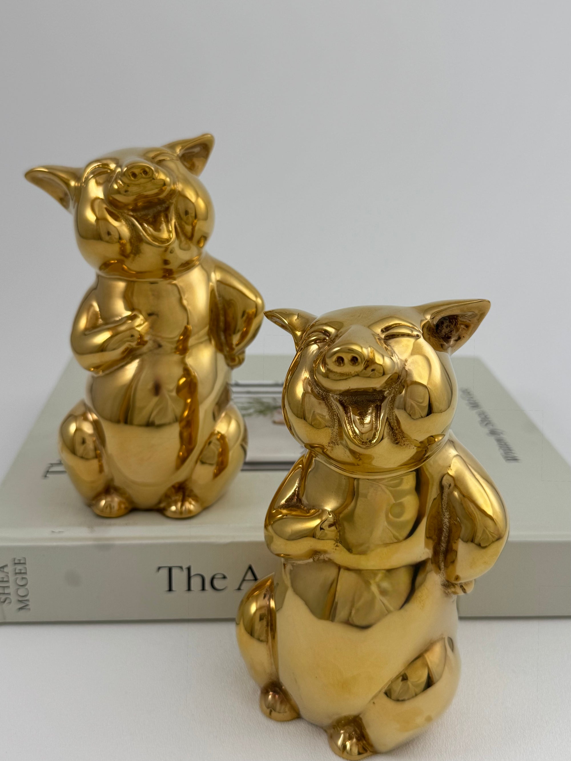 Pair of Vintage Brass Laughing Pig Figurines