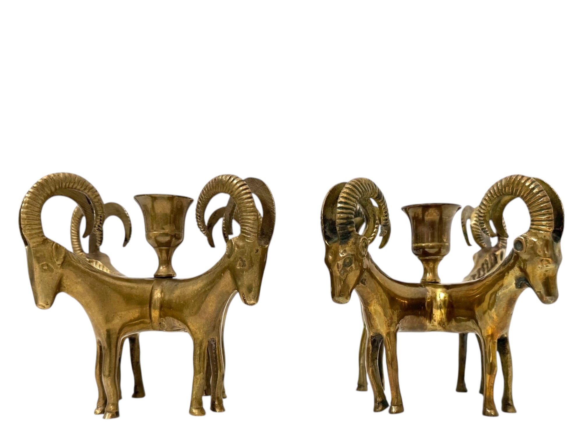 Exceptional Pair of Vintage Four-Headed Ram Brass Candleholders – MCM Sculptural Decor | Hollywood Regency Masterpieces