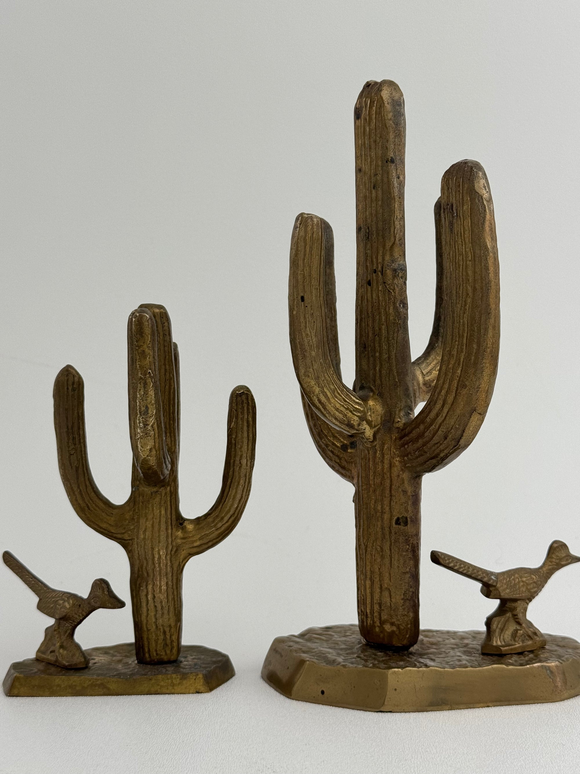 Vintage Brass Saguaro Cactus &amp; Roadrunner — Pair (Set of 2)