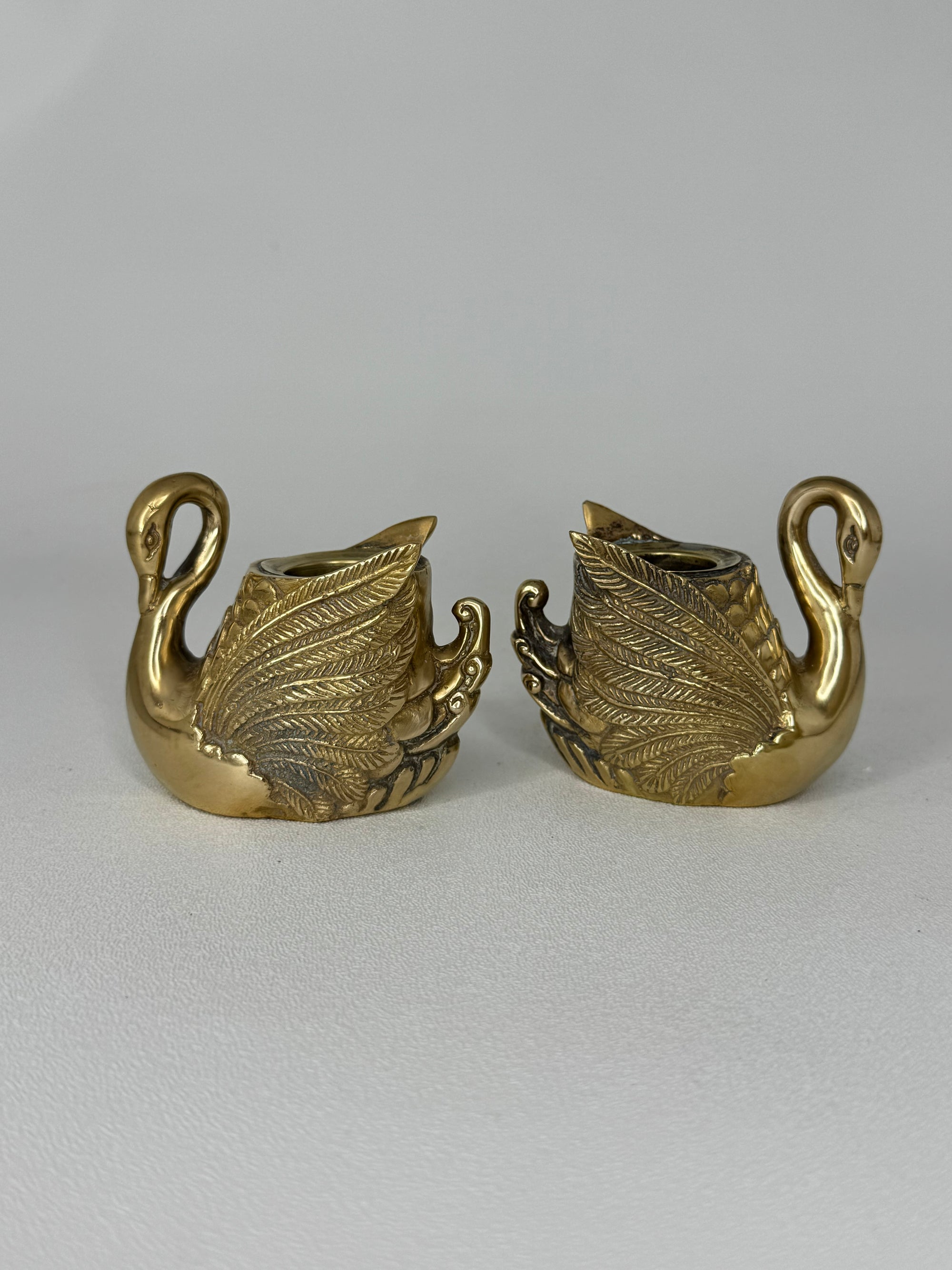 Pair of Vintage Brass Swan Candlestick Holders- Mid-Century Taper Candle Holders