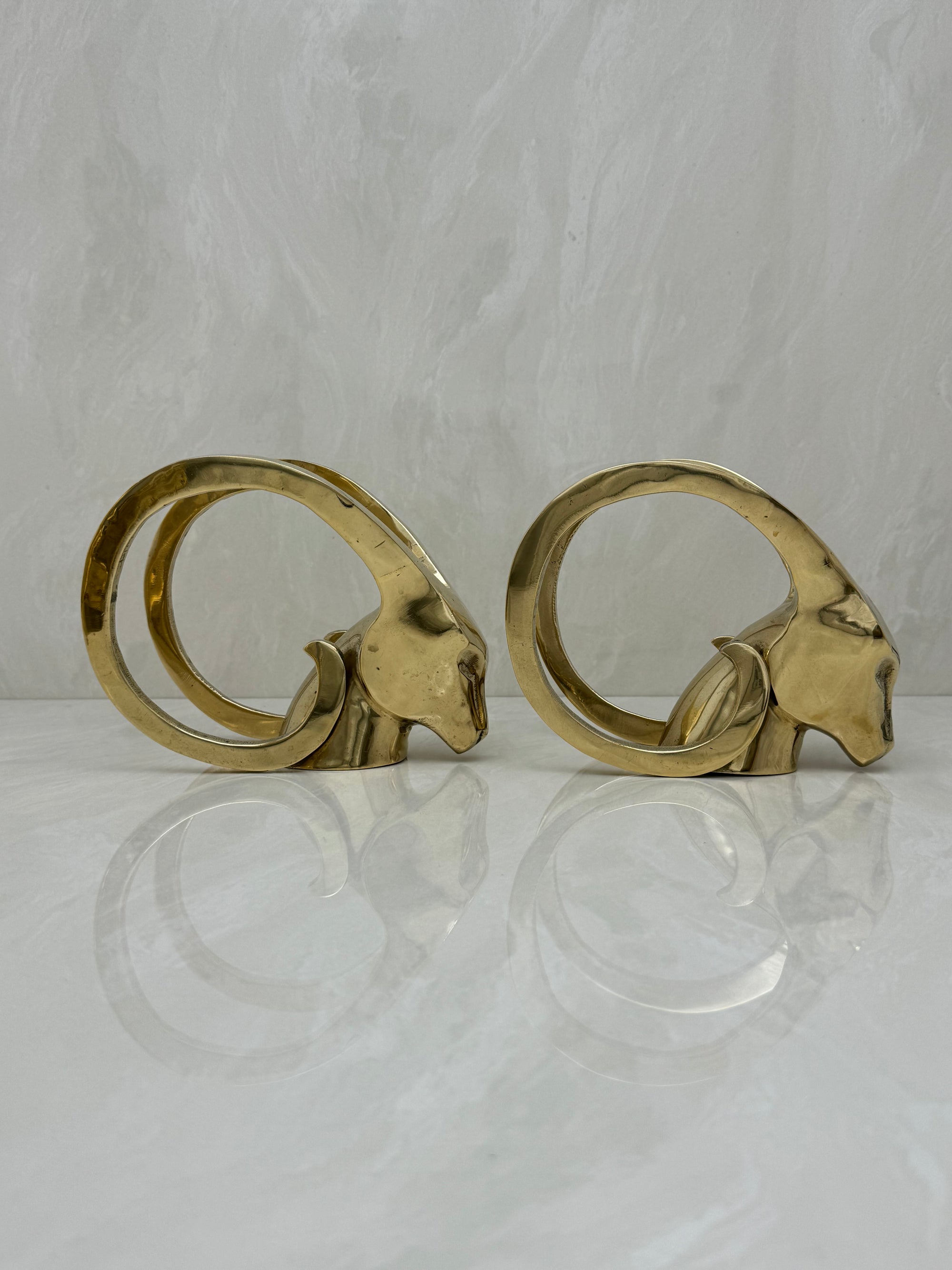 Vintage Brass Rams with Curled Horns-A Pair