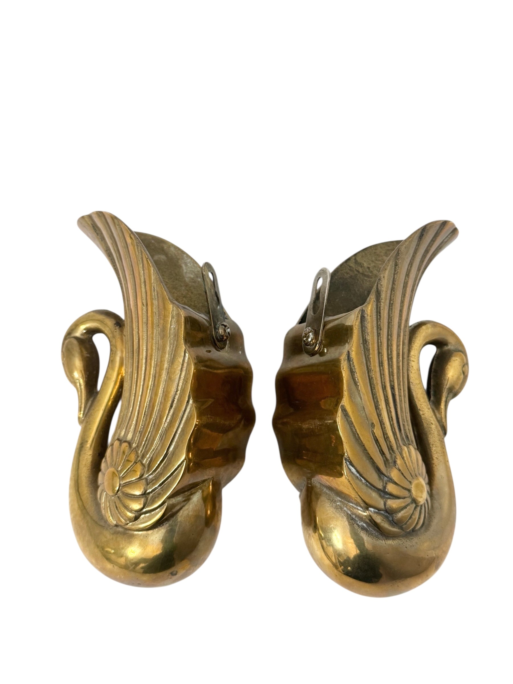Pair of Vintage Brass Swan Wall Pockets / Hanging Holders