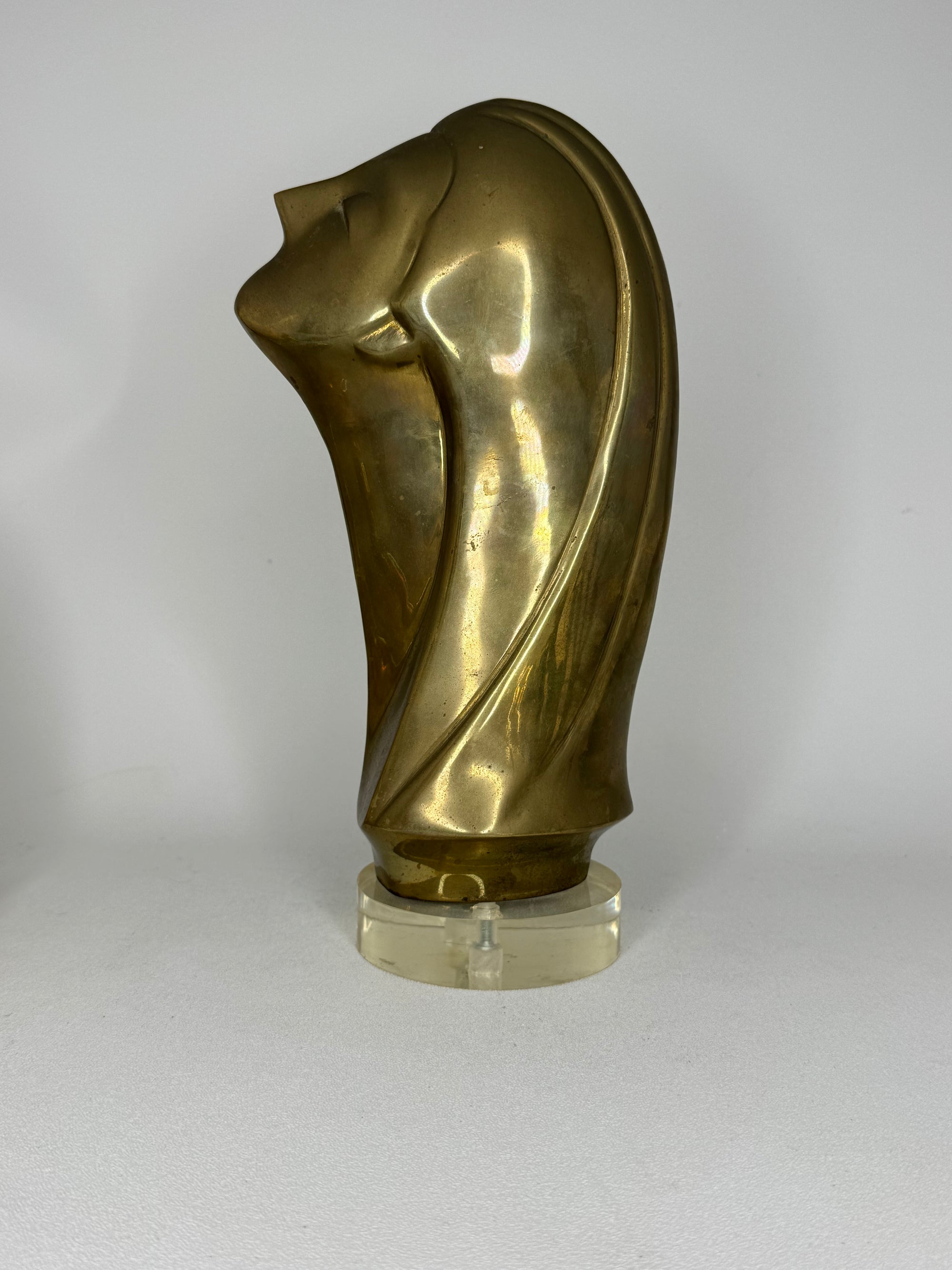 Modernist Brass Female Bust Sculpture | Abstract Woman’s Head, Vintage Brass Art Object on Lucite Base