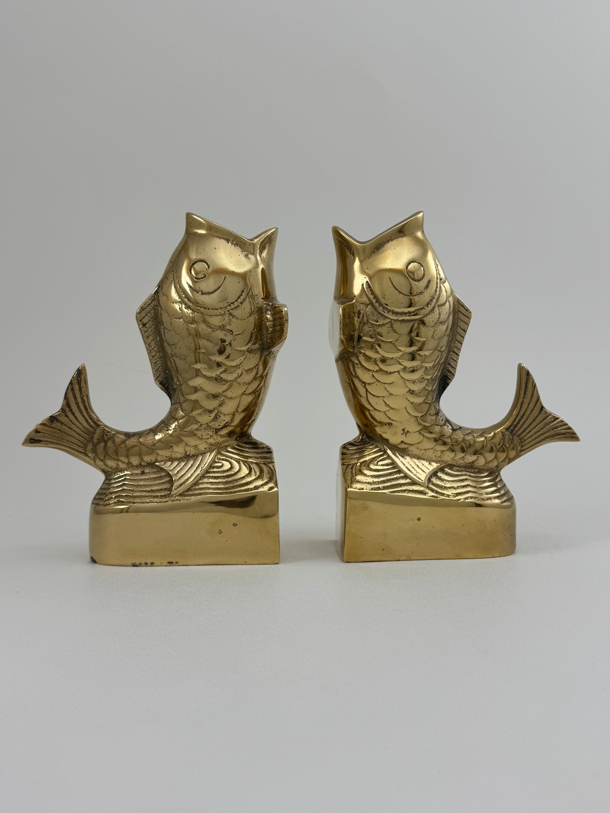 Vintage Brass Koi Fish Bookends | Mid Century Modern Fish Vases | Hollywood Regency Coastal Decor – Pair