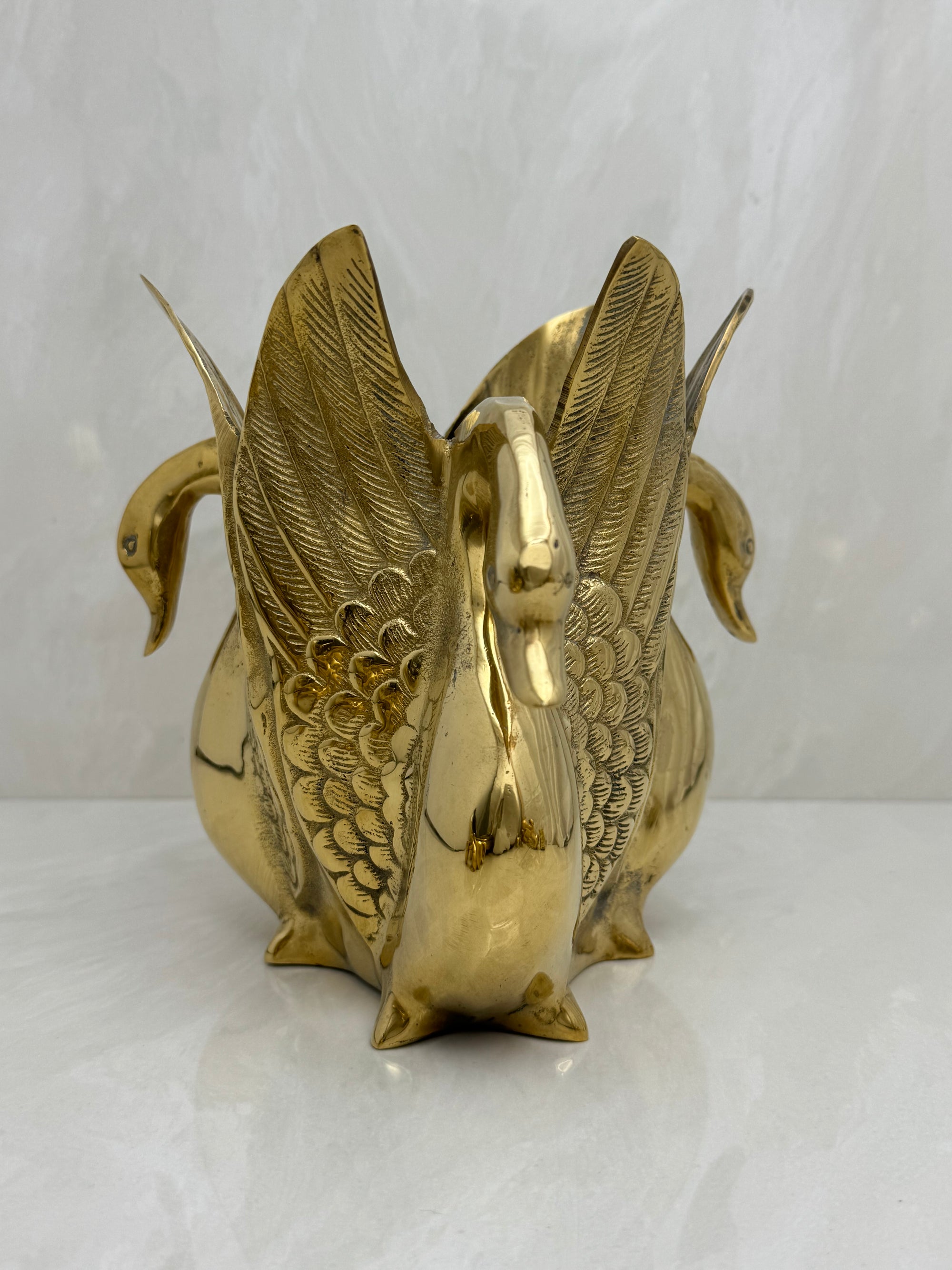 Vintage Brass Three Swan Vase