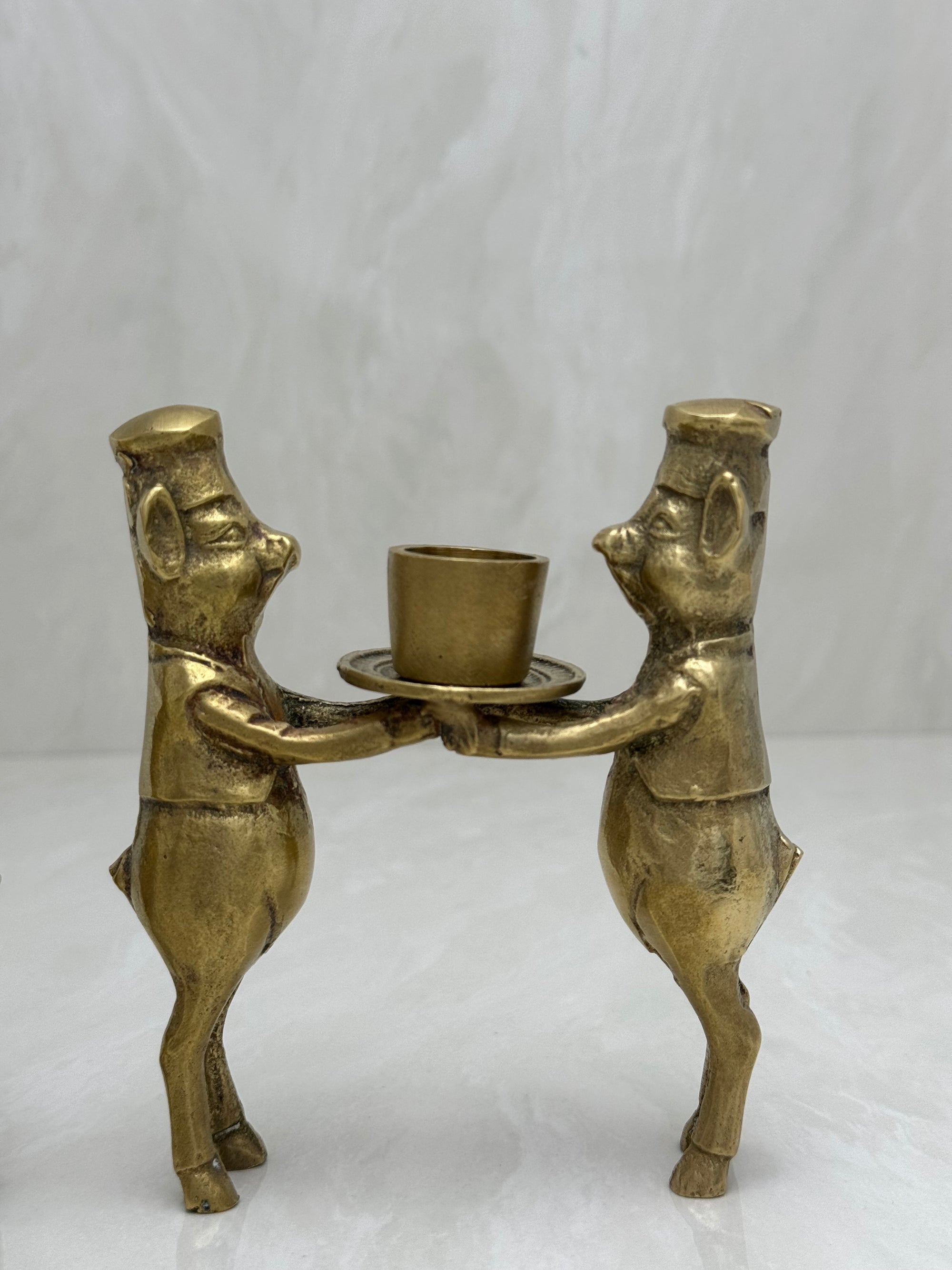 Vintage Bronze Pig Chef Candleholders-A Pair