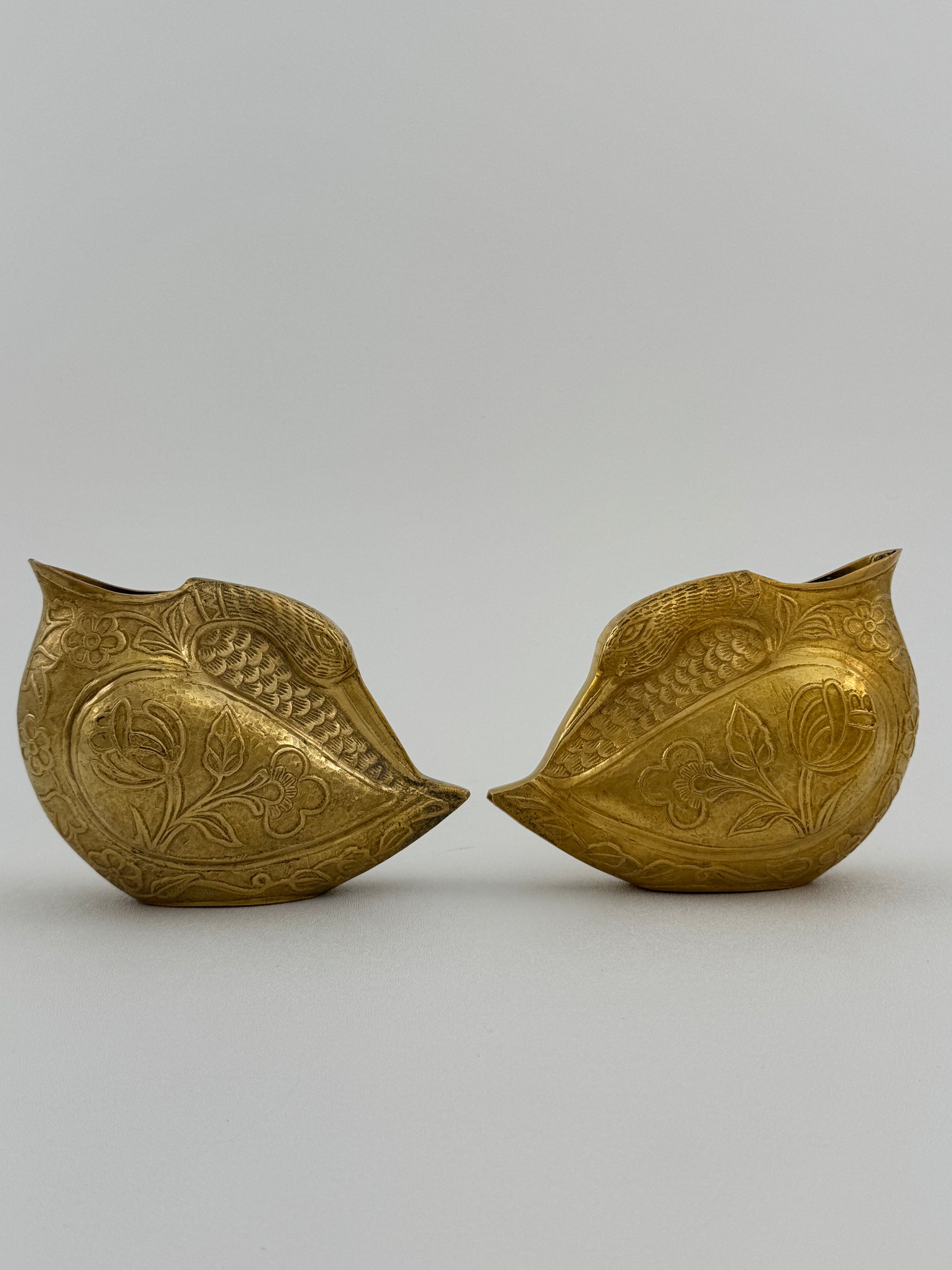 Vintage Brass Etched Bird Vases/Stash Pot/Small Planters – Set of 2