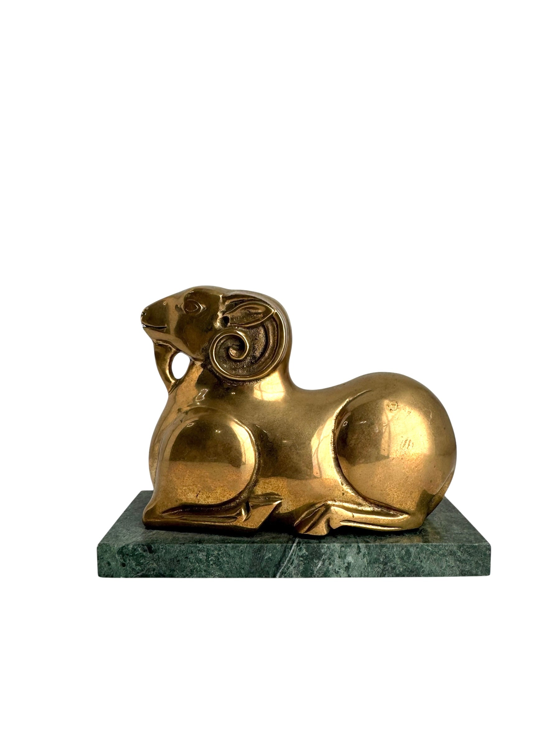Vintage Brass Ram on Green Marble Base