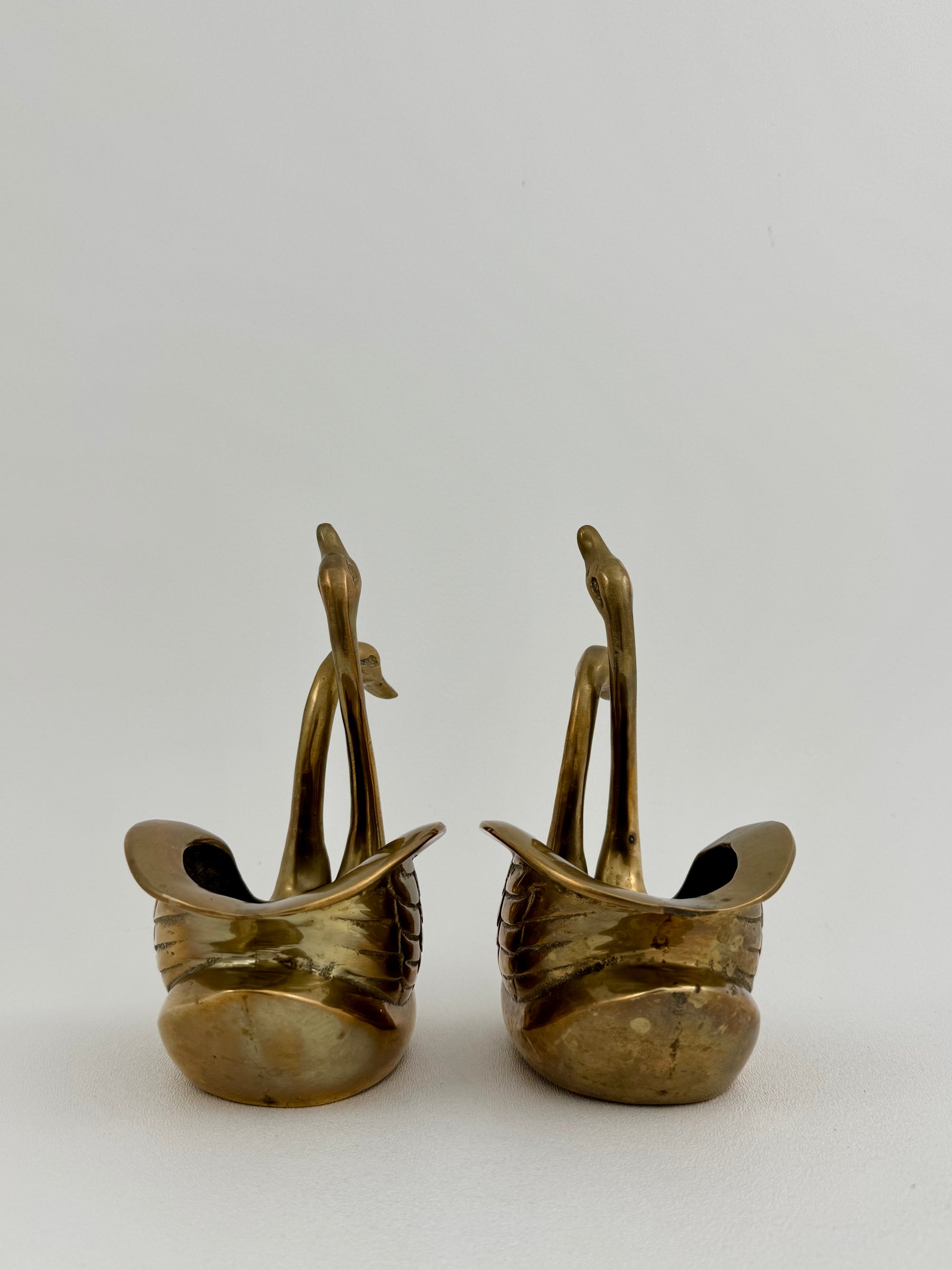 Small Pair of Vintage Brass Double Swan Planters – Hollywood Regency Stash Pots – 7”