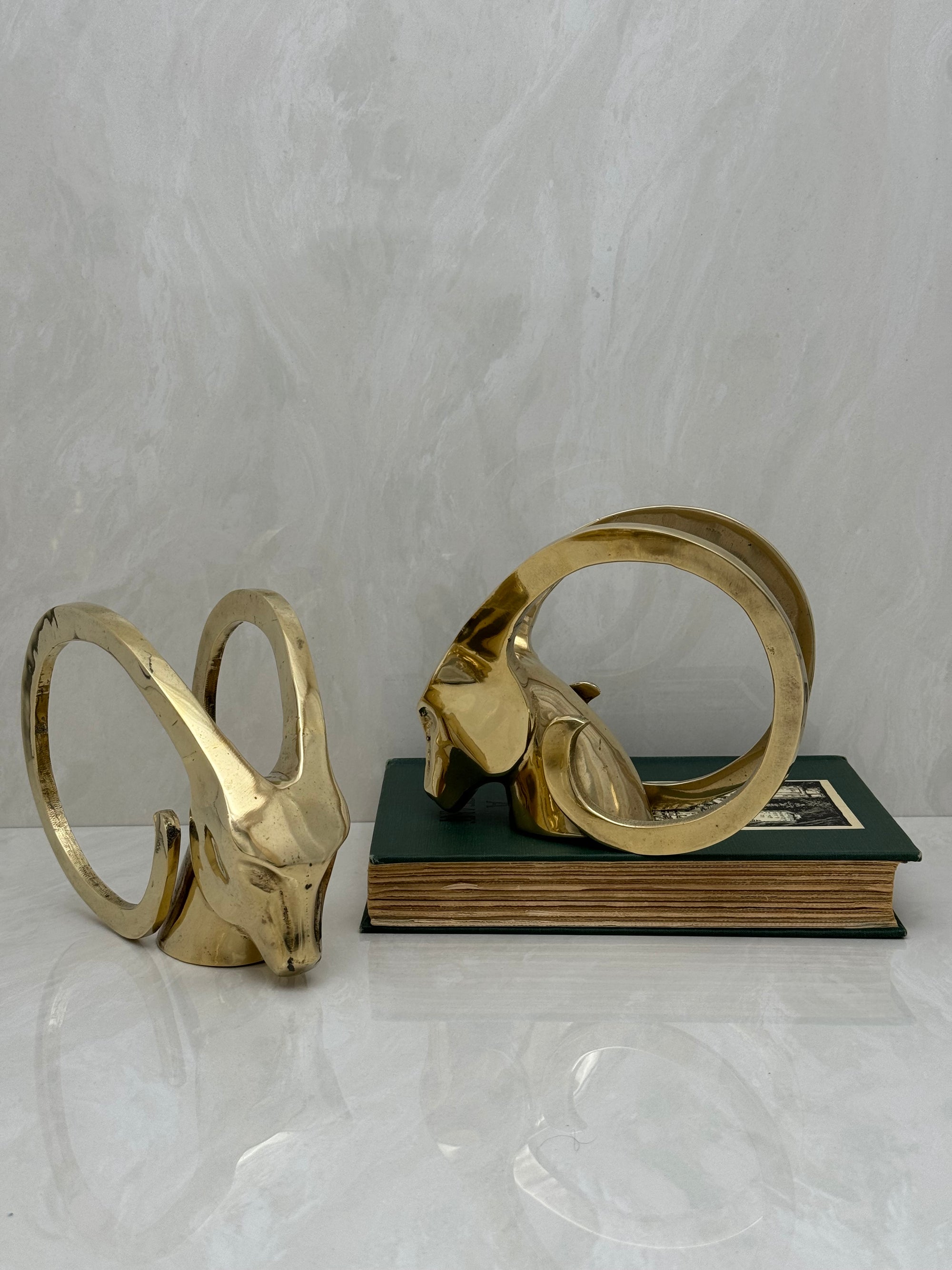 Vintage Brass Rams with Curled Horns-A Pair