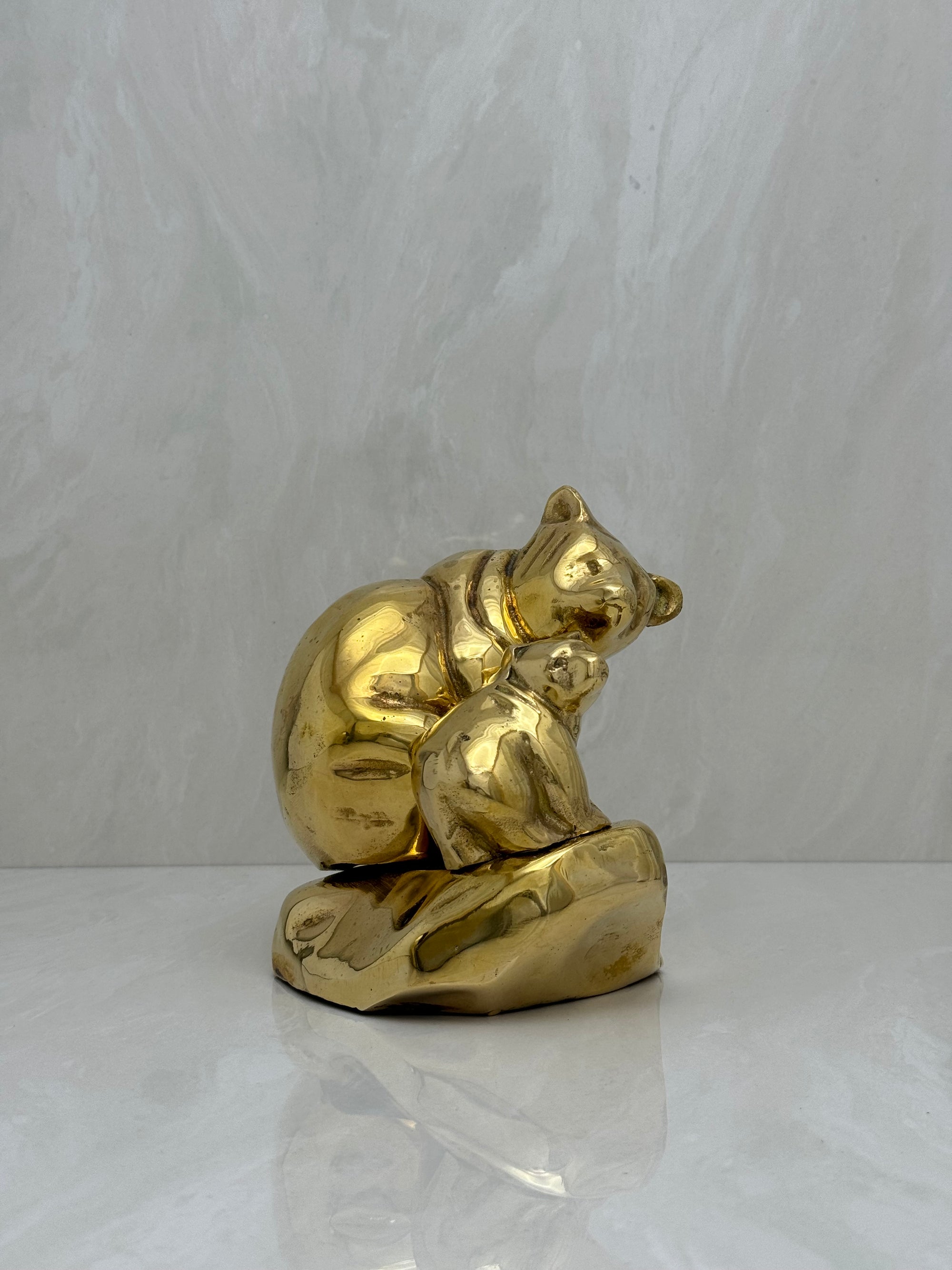 Vintage Brass Mama Bear and Cub on Rock