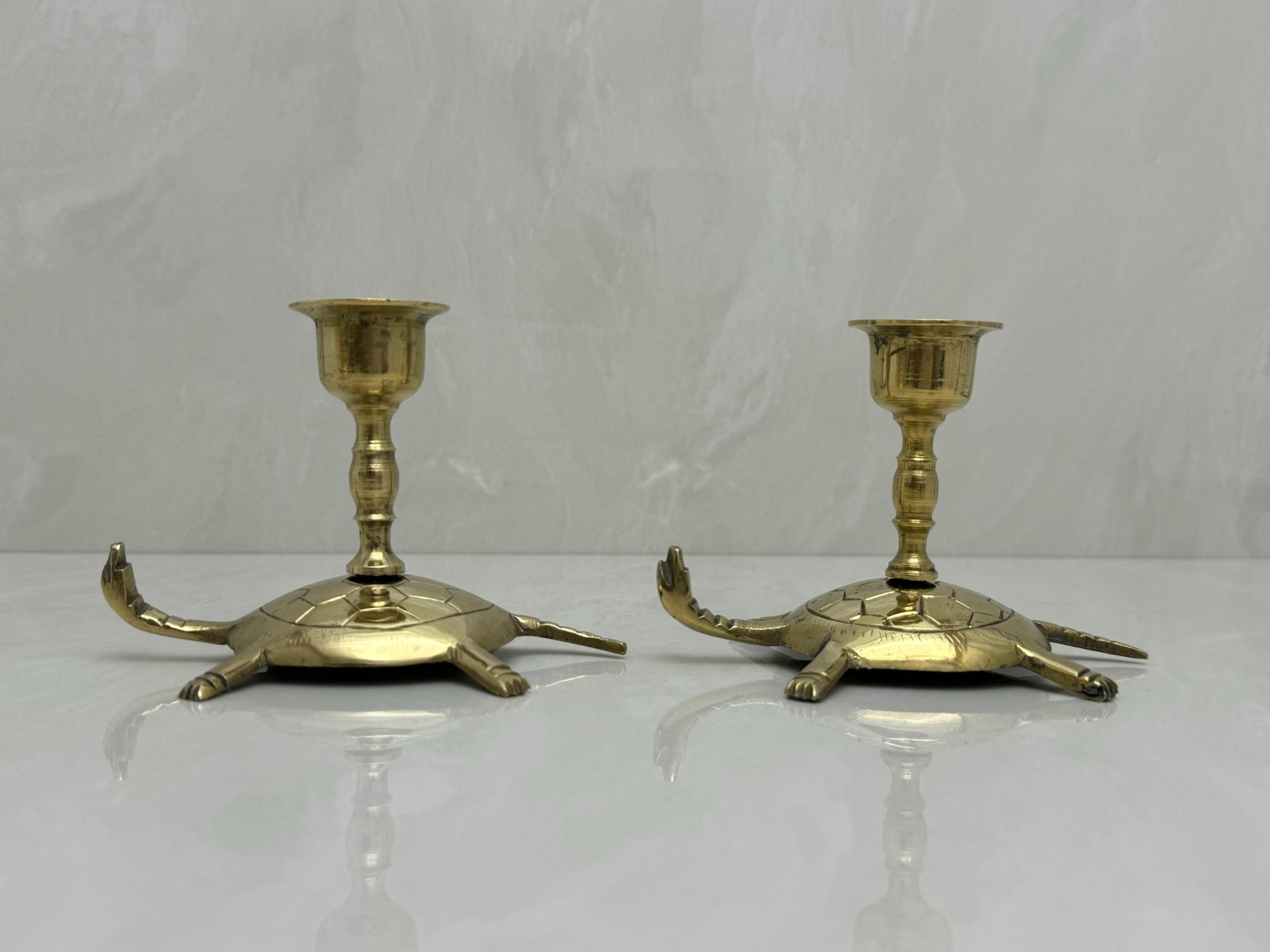 Vintage Brass Turtle Candlestick Holders- A Pair of