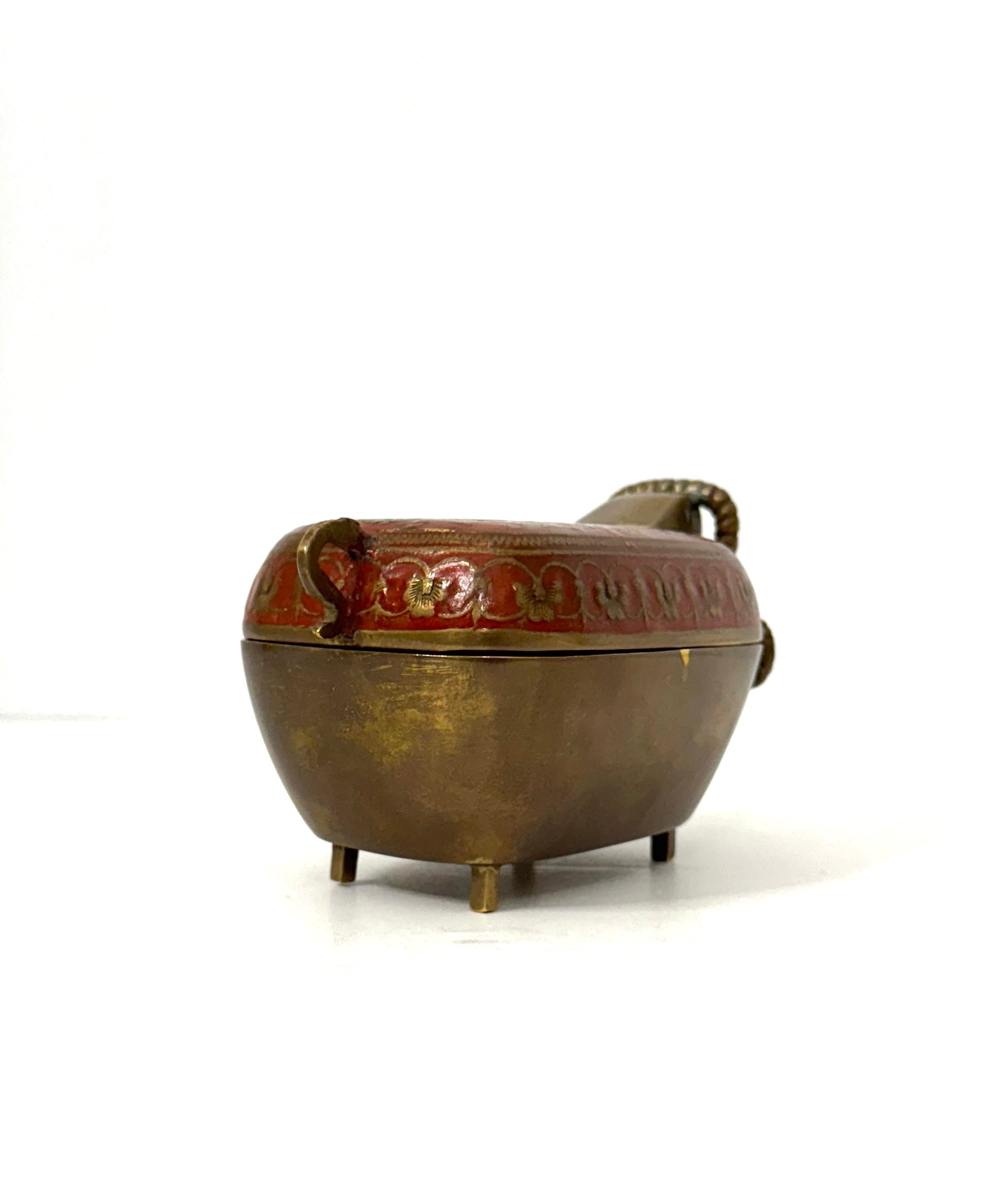 Vintage Brass Ram Trinket Box with Red Floral Enamel Lid | Mid-Century Decorative Storage Box