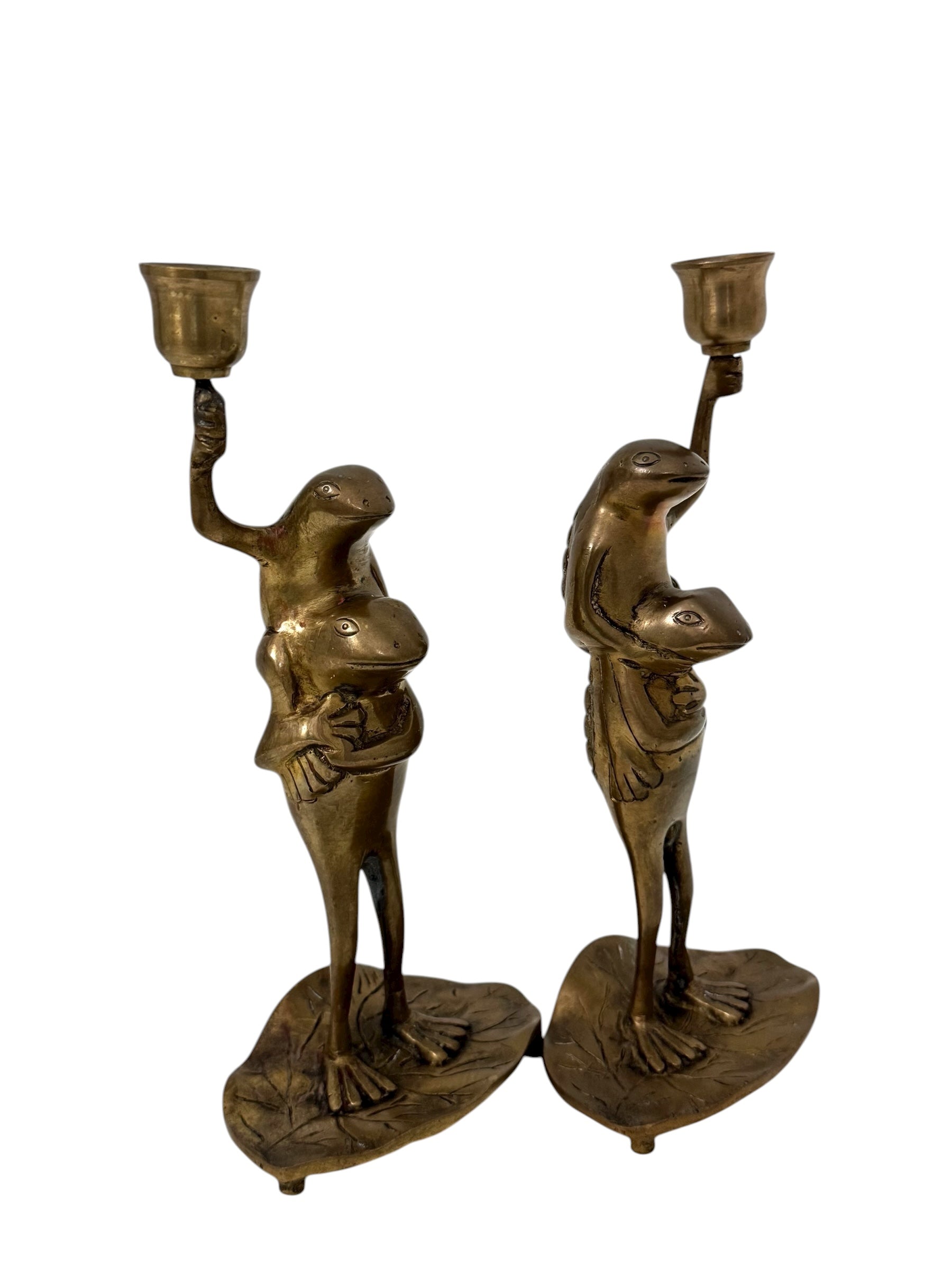 Vintage Brass Frog Couple Candle Holders | Mid-Century Whimsical Pair on Lily Pads